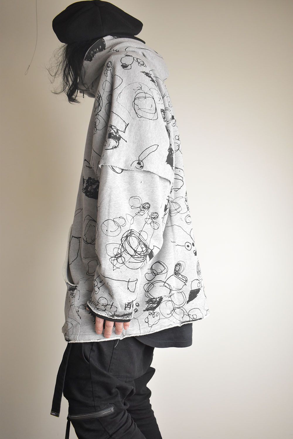 Sweat Oversize Print Zip Up Hoodie"Grey" / スウェットオーバーサイズプリントジップアップパーカ"グレー"
