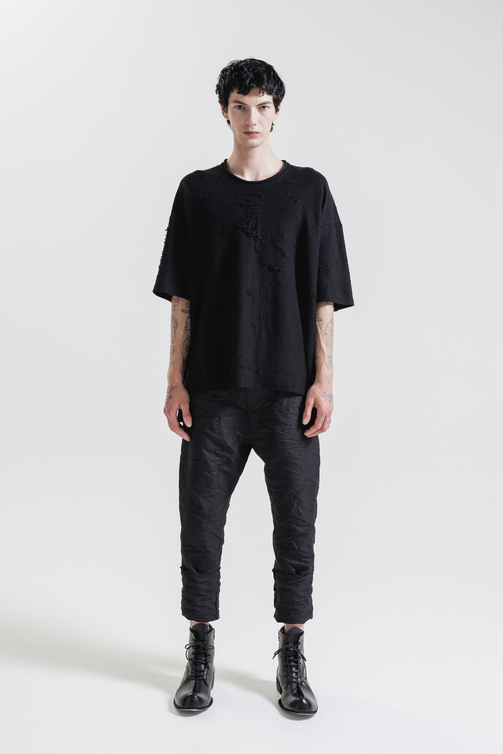 Cotton Damege Jaquard Over Sized Short Sleeve Tee"Black"/コットンダメージジャガードオーバーサイズショートスリーブTee"ブラック"