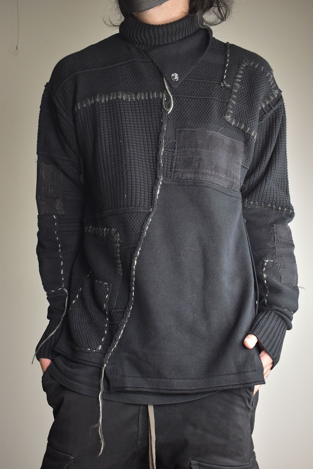 Cotton Cashmere Crust Patch Knit Pullover "Black" / コットンカシミヤクラストパッチニットプルオーバー"ブラック"