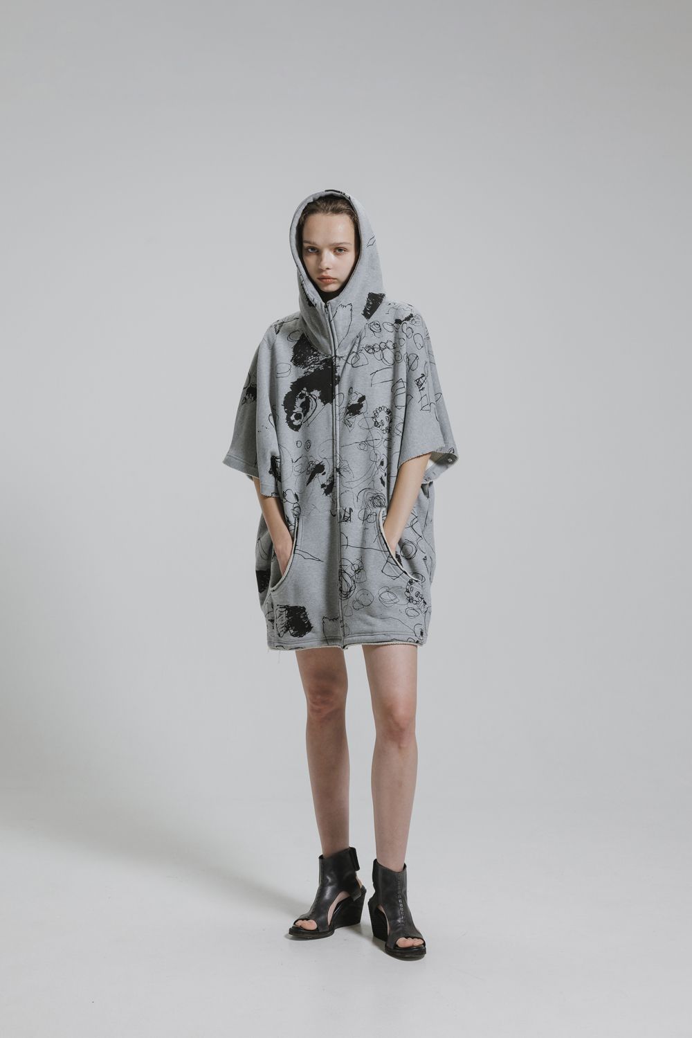 Sweat Oversize Print Zip Up Hoodie"Grey" / スウェットオーバーサイズプリントジップアップパーカ"グレー"