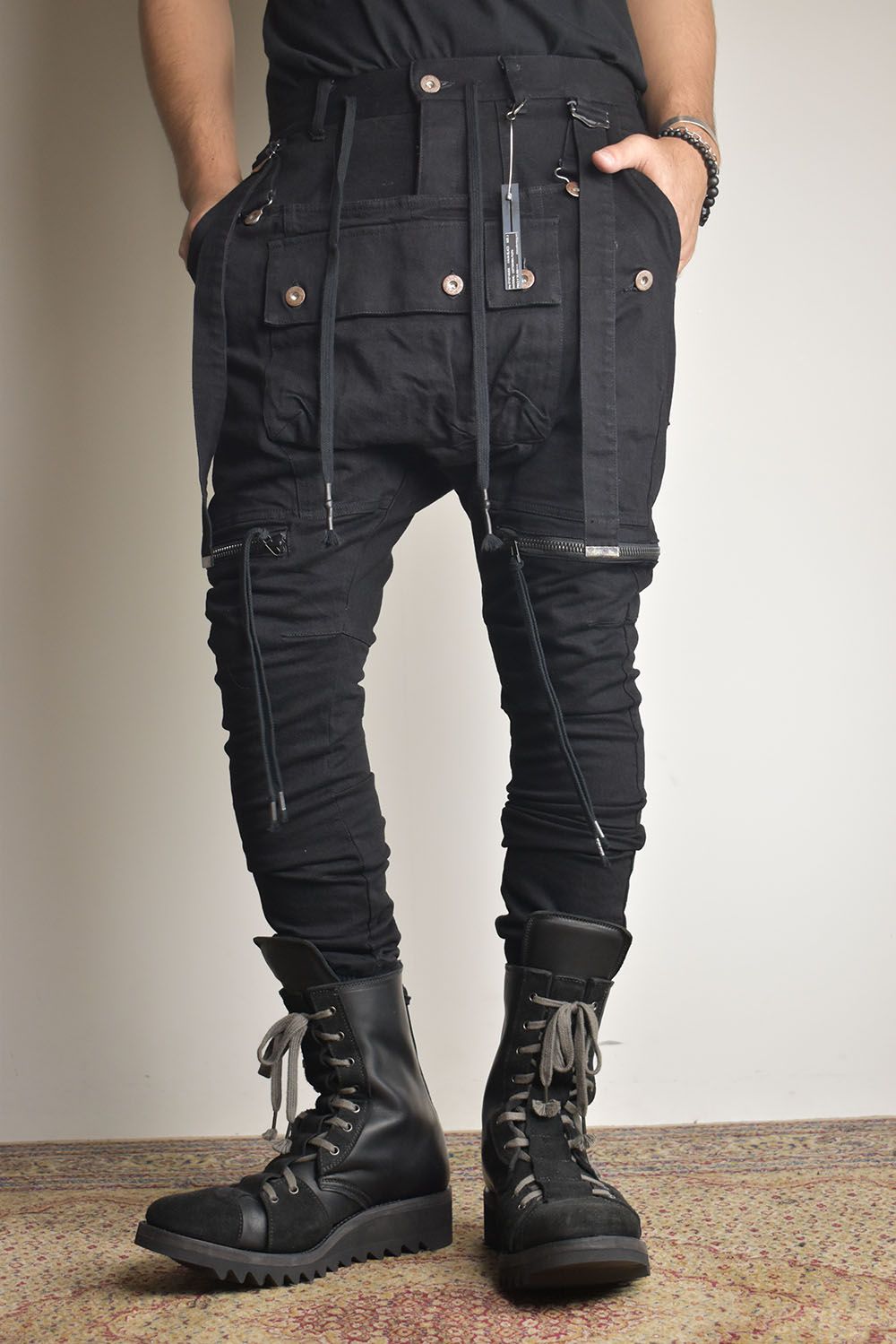 Stretch Denim Salopette Pocket Cargo Jogger Pants "Black" / ストレッチデニムサロペットポケットカーゴジョグパンツ"ブラック"