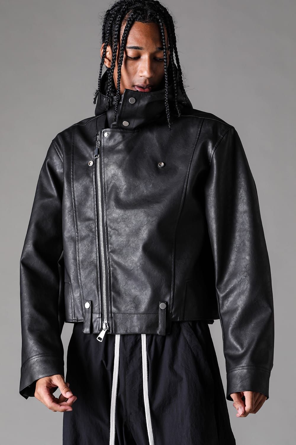 《2027SS先行予約》Vegan Leather Hoodei Double Riders "Black" / ヴィーガンレザーフーディダブルライダース"ブラック"