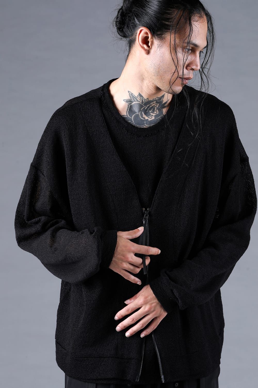 Cotton Low Gauge Knit Cardigan Layered Pullover"Black" / コットンローゲージニットカーディガンレイヤードプルオーバー"ブラック"