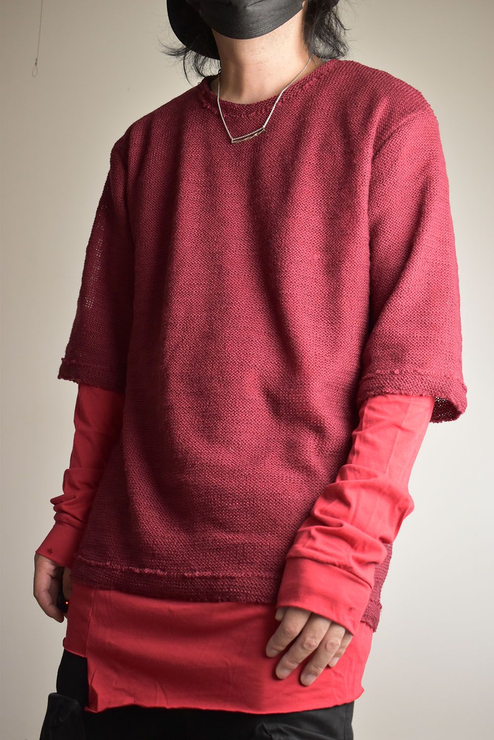 Low Gauge Knit and Cotton Jersey Layered T-Shirt "Red" / ローゲージニット×コットンジャージレイヤードTシャツ"レッド"