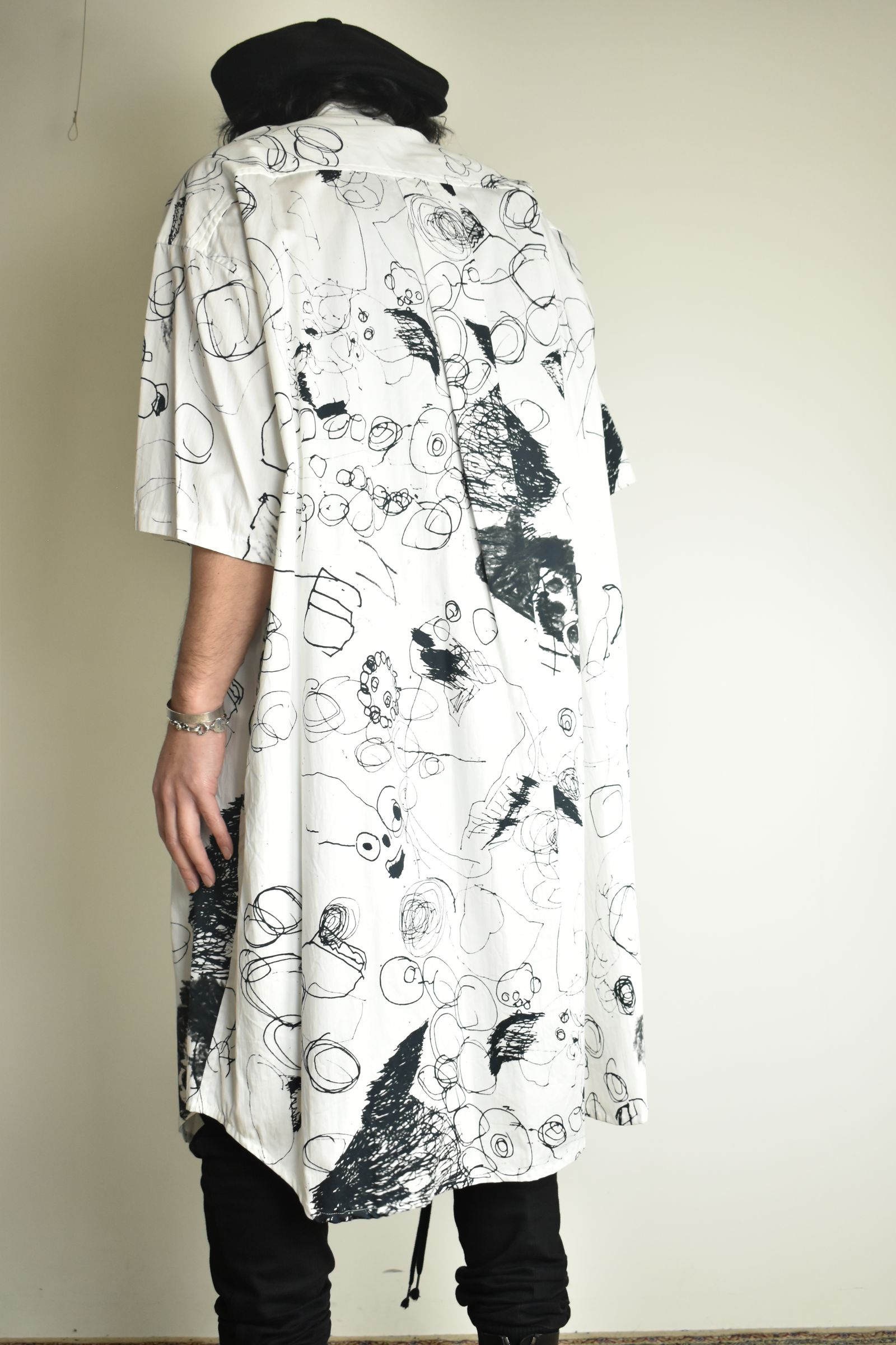 Cotton Twill Ink Jet Short-Sleeved Big Shirt&Dress"White Black" / コットンツイルインクジェット半袖ビッグシャツ / ワンピース"ホワイト ブラック"