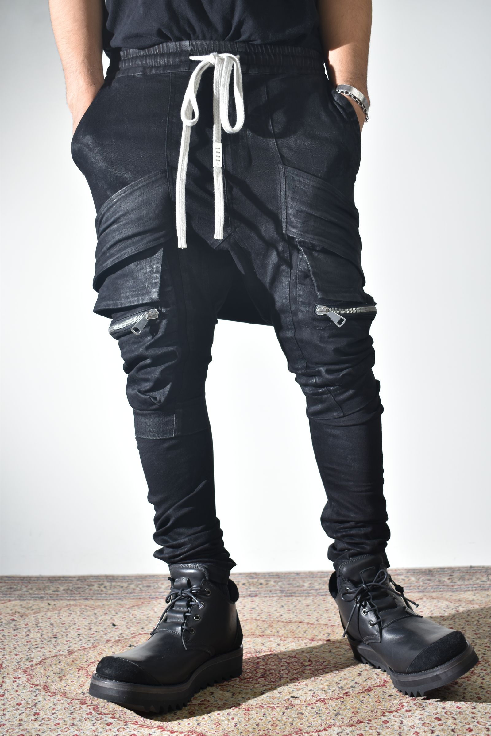 Strtch Denim Coatiing Cargo Sarouel Skinny"Black" / ストレッチデニムコーティングカーゴサルエルスキニー"ブラック"