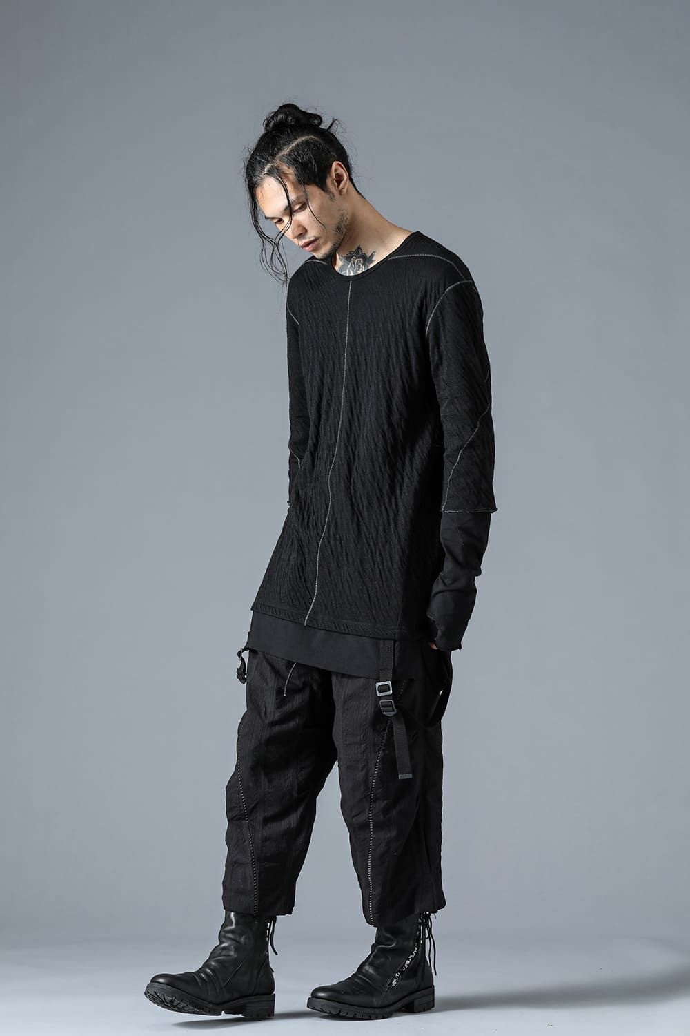 Wool×Cotton Double Face Layered Globe Sleeve Tee"Black/"ウール×コットンダブルフェイスレイヤードグローブスリーブTシャツ"ブラック"