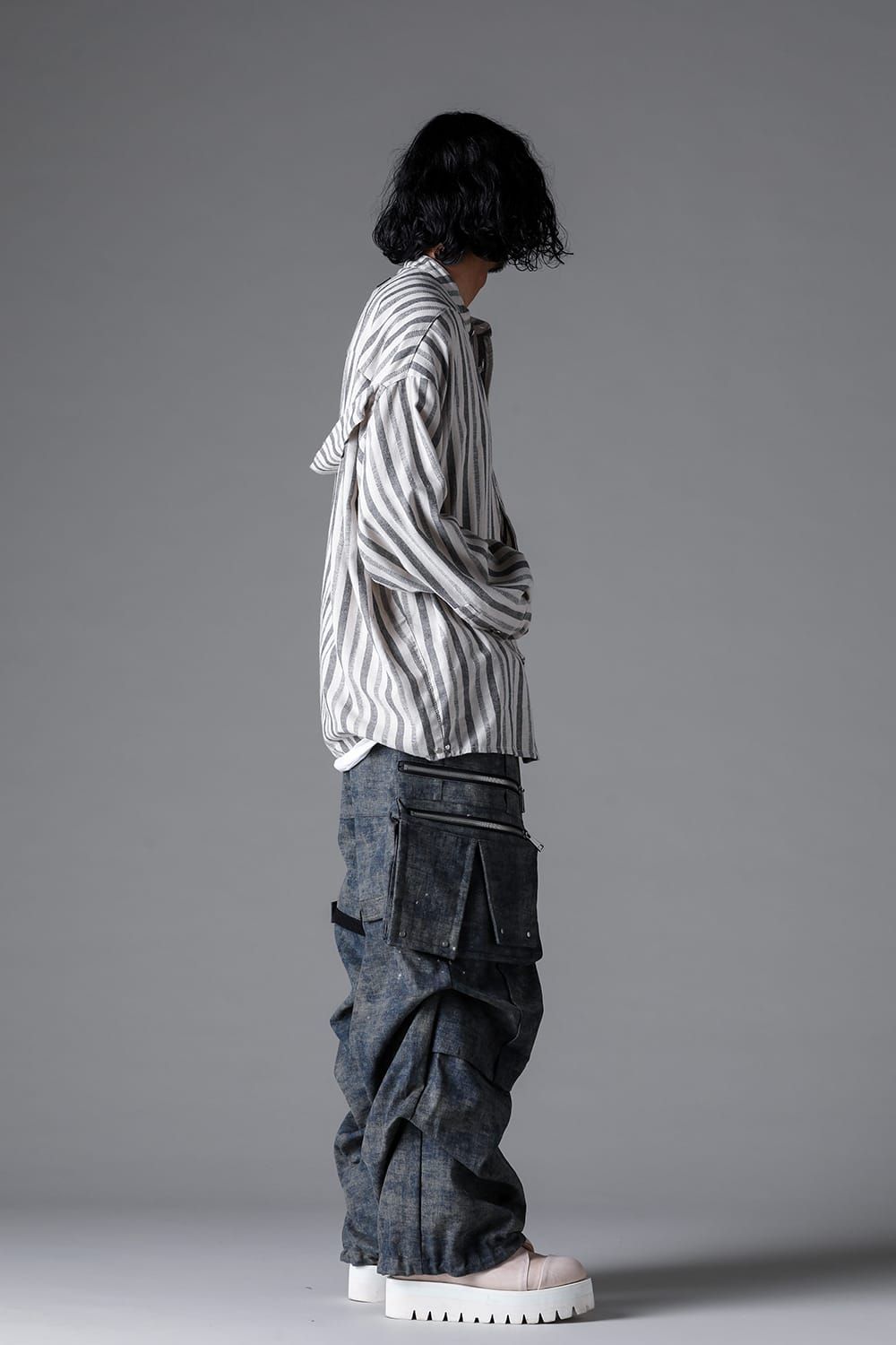 《2026SS先行予約》Vertical Stripes Stand Collar Shirts "Cream×L.Grey" / バーティカルストライプスタンドカラーシャツ"クリーム×グレー"