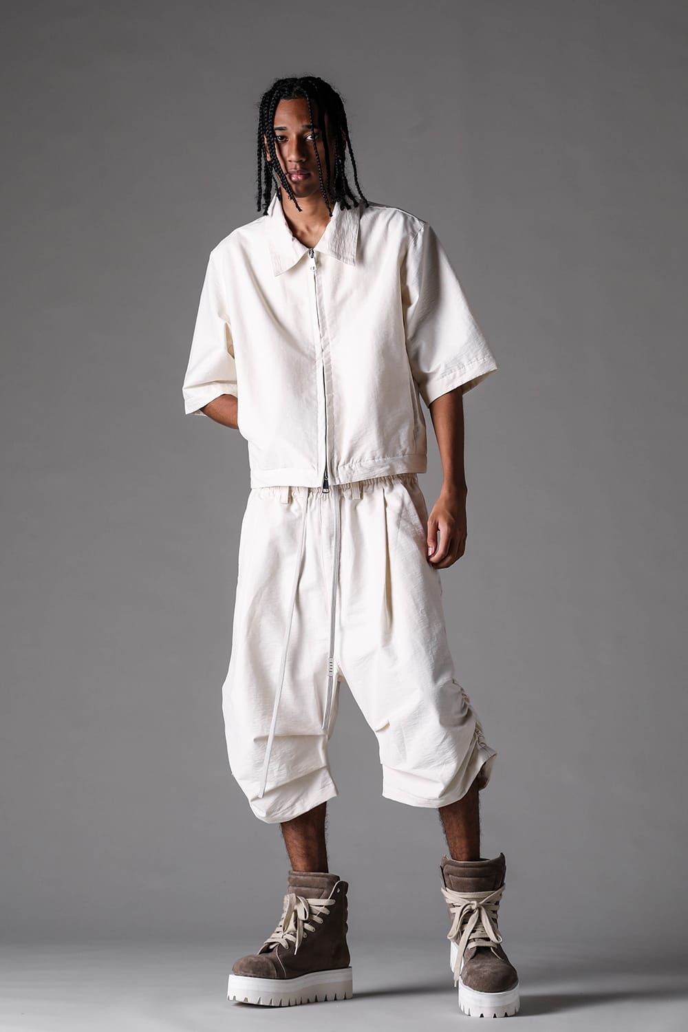 《2027SS先行予約》Cotton Nylon Zip Half Sleeve Shirts"Black / Ivory / D.khaki" / コットンナイロンジップハーフスリーブシャツブラック / アイボリー /ダークカーキ"