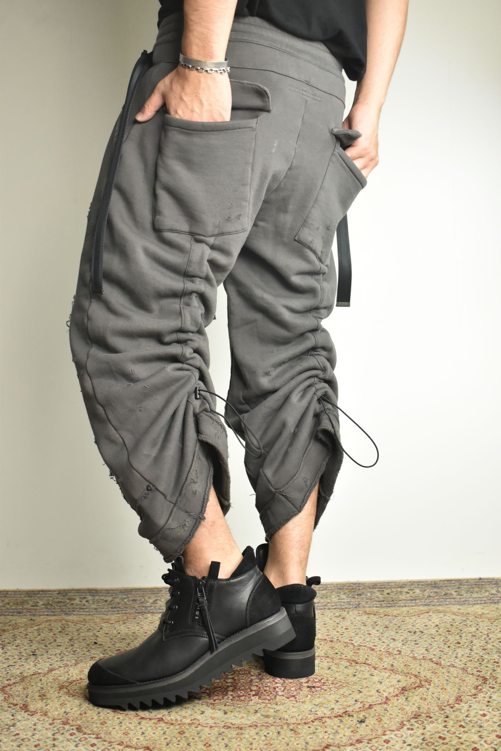 Untwisted Yarn Fleece Shotgun Wide Cropped Pants"Charcoal" / 無撚糸裏毛ショットガンワイドクロップドパンツ"チャコール"
