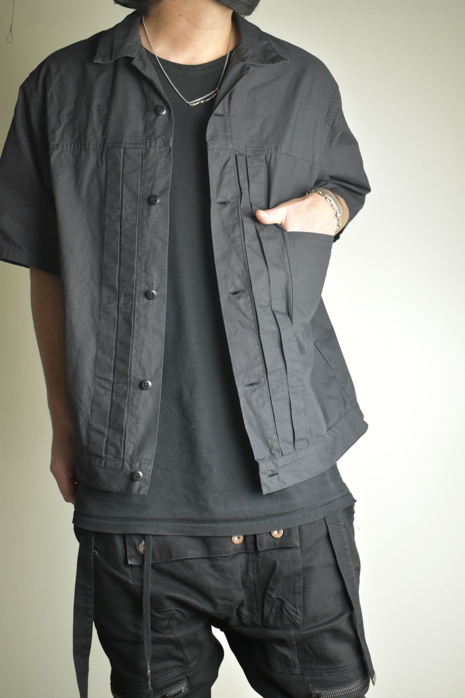 Rip Stop Open Collar Shirt"Black" / リップストップオープンカラーシャツ"Black"
