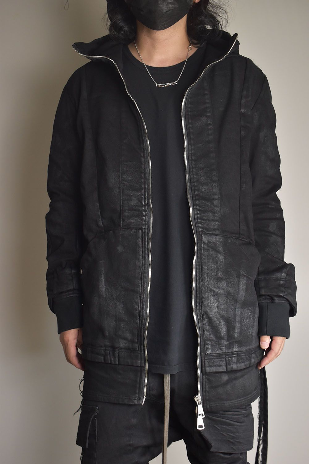 Coated Bonding Hoodie Denim Blouson"Black" / コーディングボンディングフーデッドデニムブルゾン"ブラック"