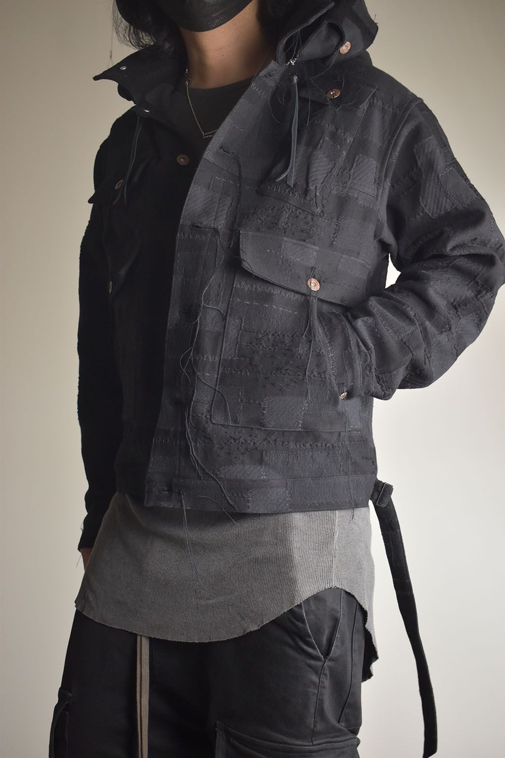 Crust Patchwork Jacquard Hood Attached Jacket "Black" / クラストパッチワークジャガードフードアタッチドジャケット"ブラック"
