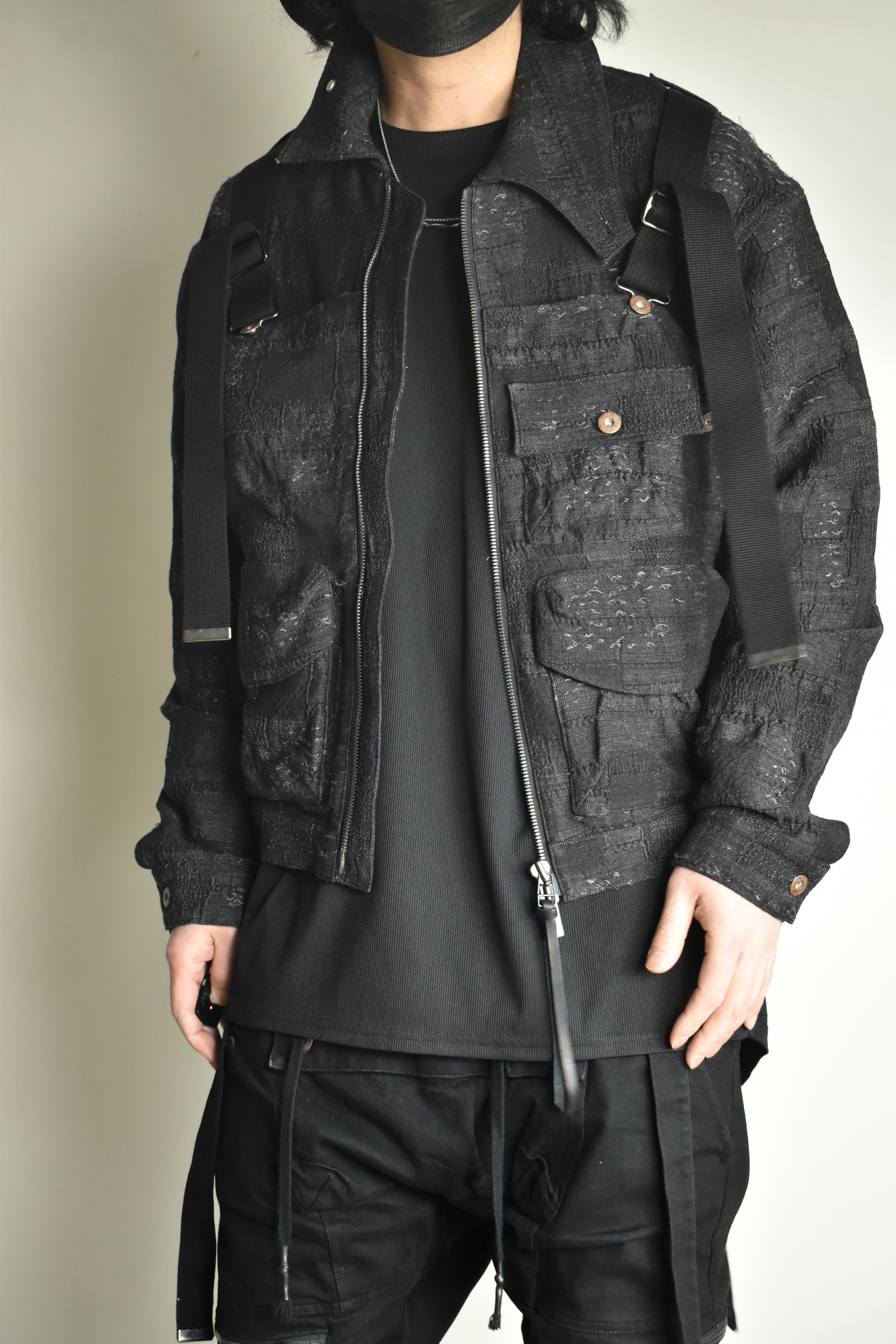 Crust Jacquard Salopette Layered Jacket"Black" / クラストジャガードサロペットレイヤードジャケット"ブラック"