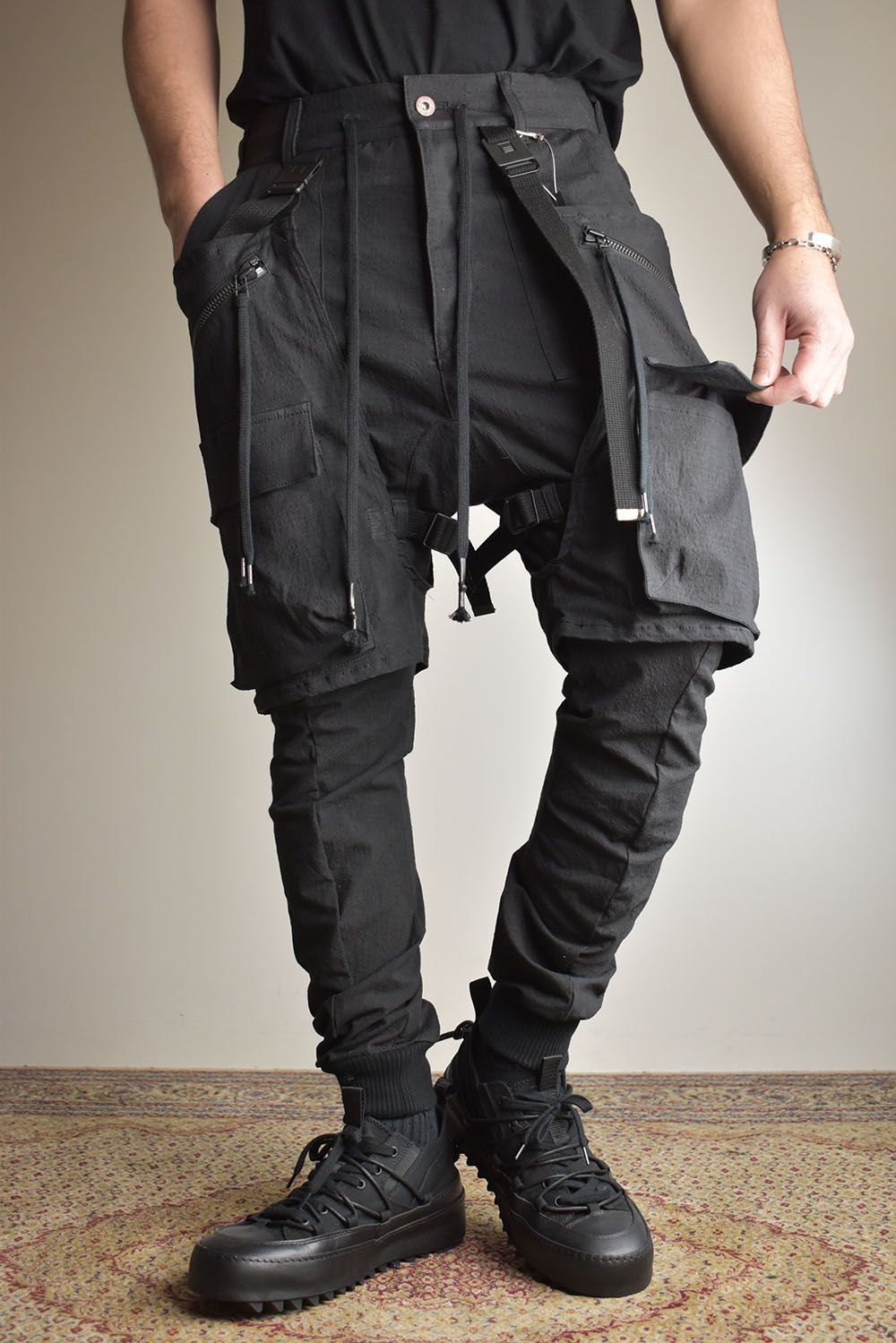 Ripstop Detachable Shorts Layered Cargo Jog Pants"Black" / リップストップデタッチャブルショーツレイヤードカーゴジョグパンツ"ブラック"