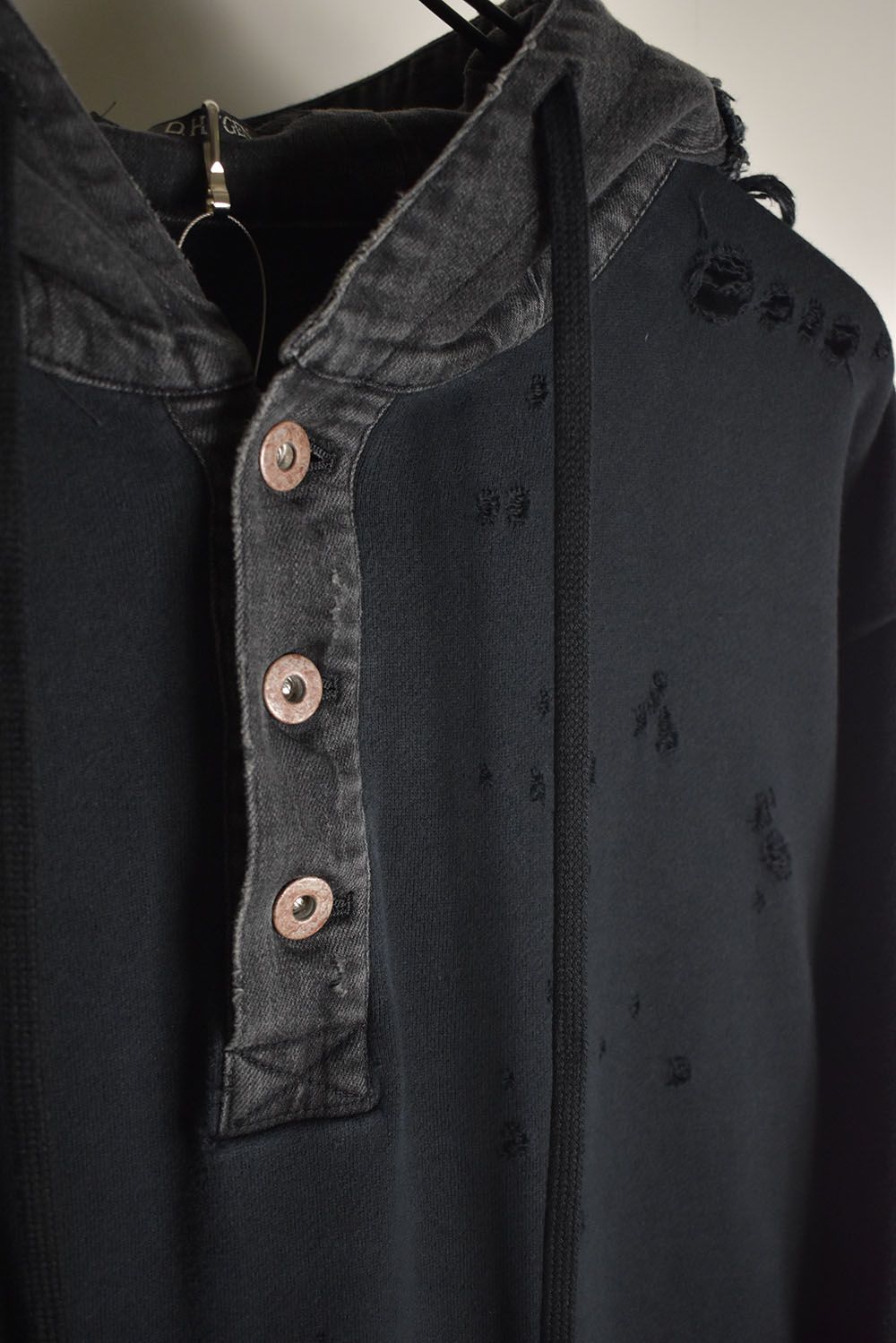 Denim Combination Non-Twisted Yarn Lined Oversized Pullover Hoodie"Black" / デニムコンビネーション無撚糸裏毛オーバーサイズプルオーバーフーディー"ブラック"