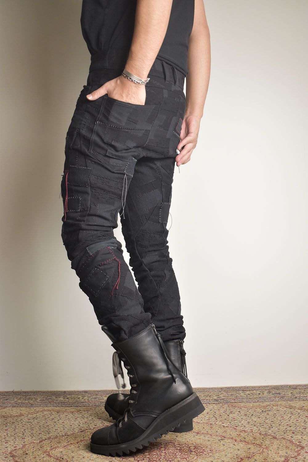 Hand Patchwork Crust Jacquard Overlock Twist Curve Pants "Black" / ハンドパッチワーククラストジャガードオーバーロックツイストカーブパンツ"ブラック"