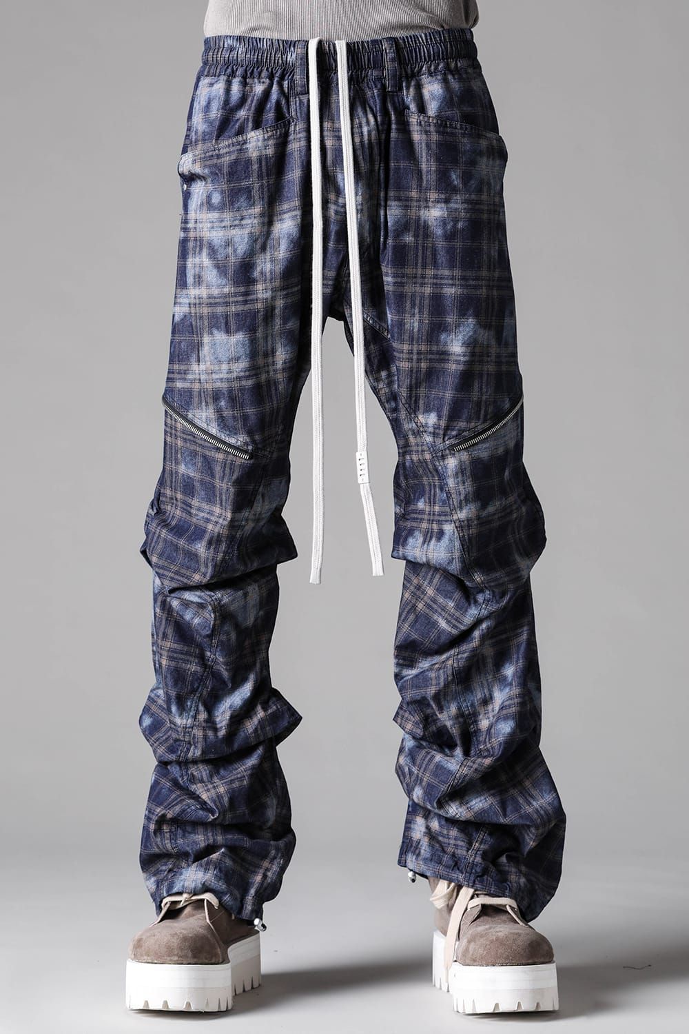 《2027SS先行予約》Check Side Zip Tuck Baggy Pants"Navy Check" / チェックサイドジップタックバギーパンツ"ネイビーチェック"