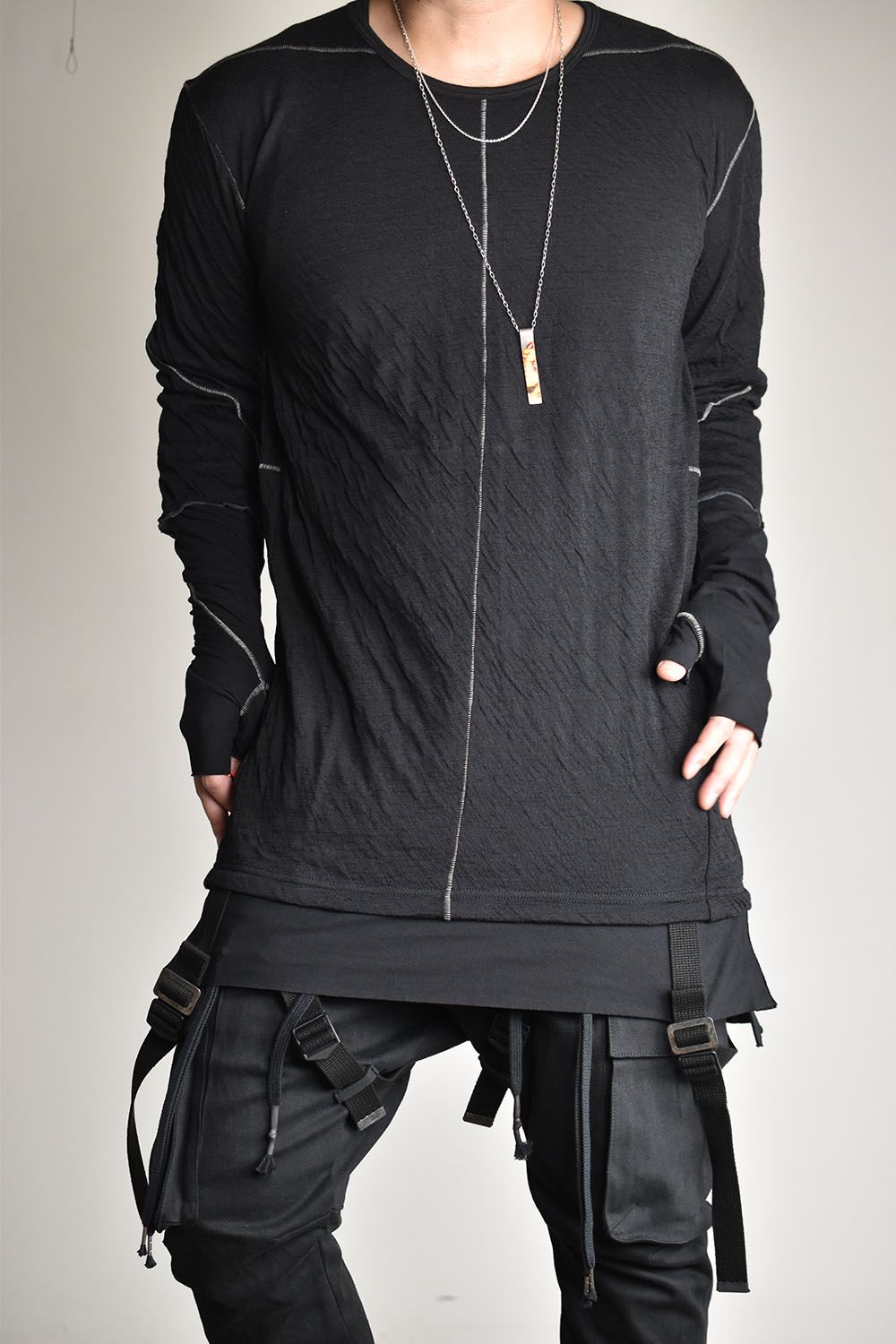 Wool×Cotton Double Face Layered Globe Sleeve Tee"Black/"ウール×コットンダブルフェイスレイヤードグローブスリーブTシャツ"ブラック"