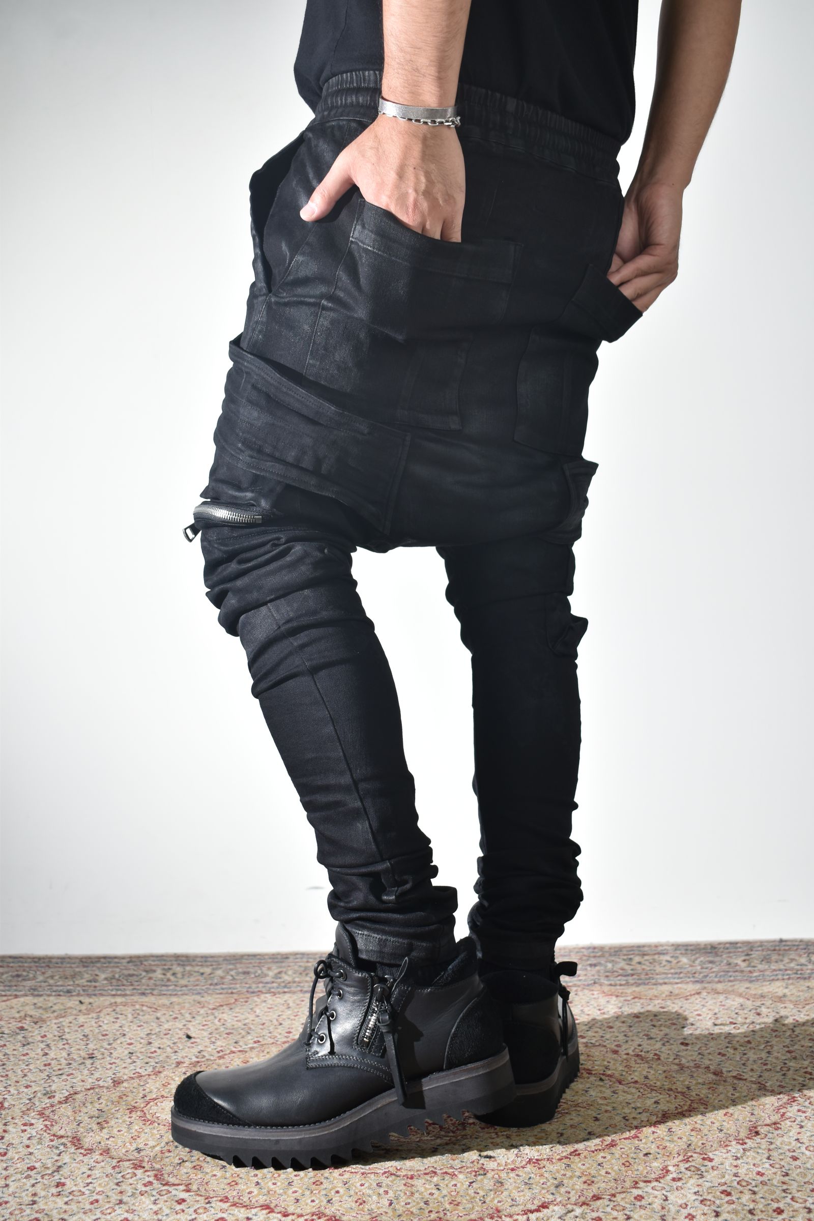 Strtch Denim Coatiing Cargo Sarouel Skinny"Black" / ストレッチデニムコーティングカーゴサルエルスキニー"ブラック"