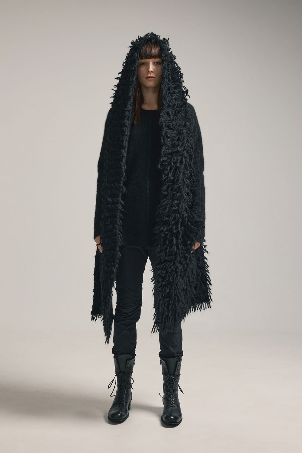 5GG Long Pile Knit Hoodie Stole"Black" / ロングパイルニットフーディストール"ブラック"
