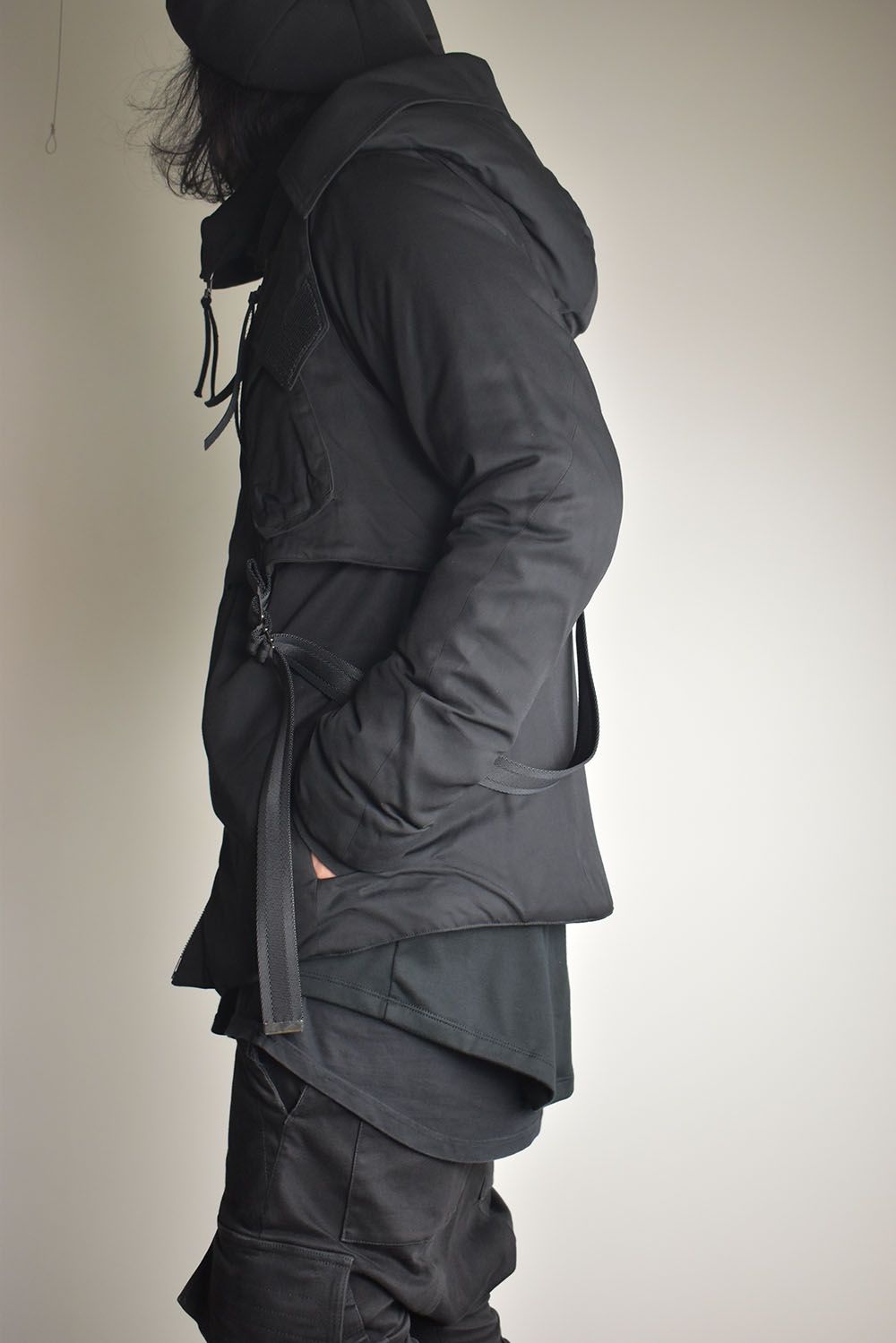 Rayon Twill Vest Hooded Down Jacket "Black" / レーヨンツイルベスト/フードアタッチドダウンジャケット"ブラック"