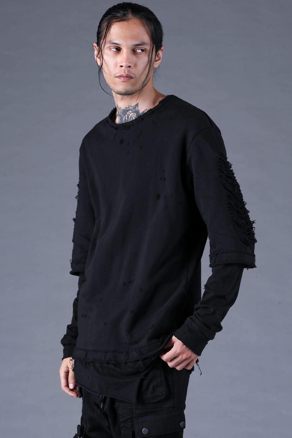 Sweat Shotgun Damage Layered Tee"Black" / 裏毛ショットガンダメージレイヤードTee"ブラック"