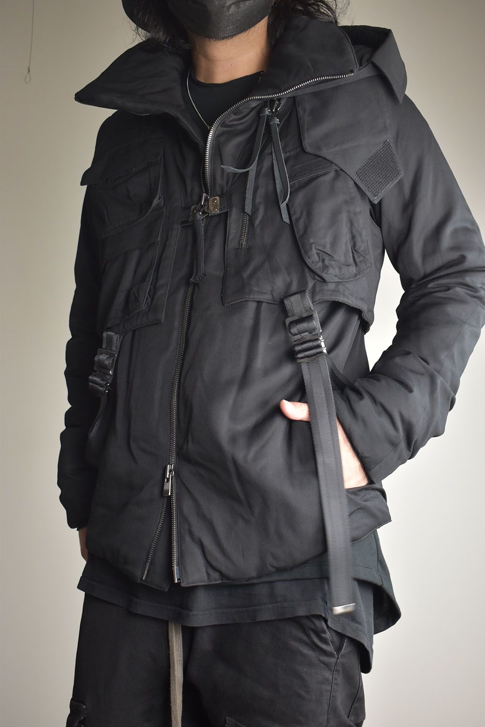 Rayon Twill Vest Hooded Down Jacket "Black" / レーヨンツイルベスト/フードアタッチドダウンジャケット"ブラック"