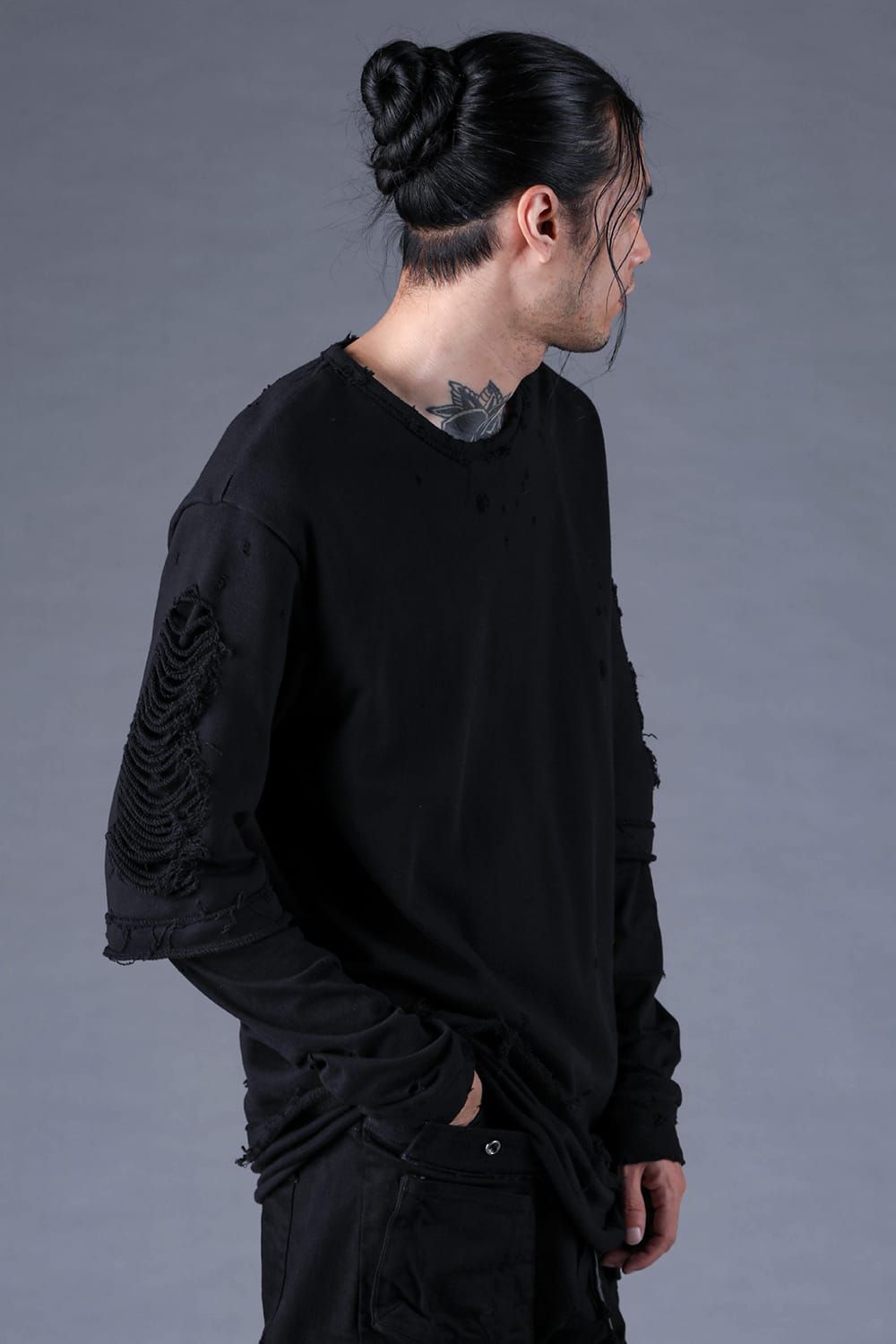 Sweat Shotgun Damage Layered Tee"Black" / 裏毛ショットガンダメージレイヤードTee"ブラック"
