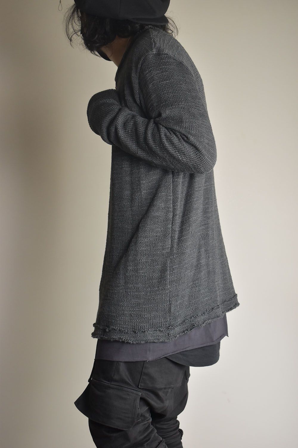 Low-Gauge knit × Cotton Jersey Layered Tee "Charcoal" / ローゲージニット×コットンジャージレイヤードTシャツ"チャコール"