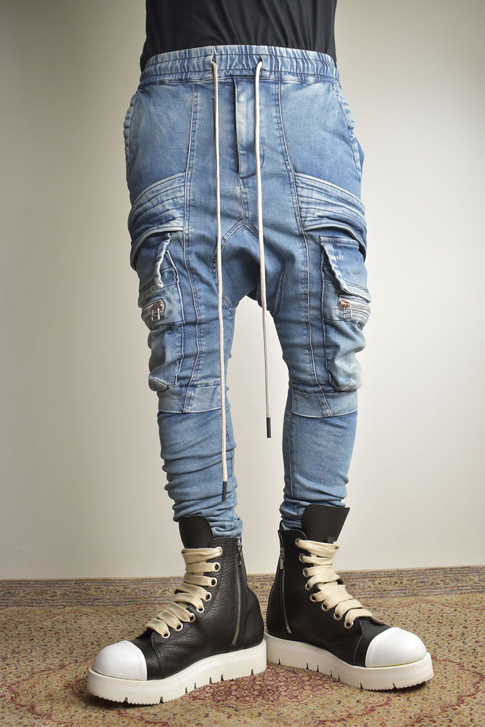 Denim Cargo Sarouel Skinny"Damage Black/Indigo Blue"/デニムカーゴサルエルスキニー"ダメージブラック/インディゴブルー"