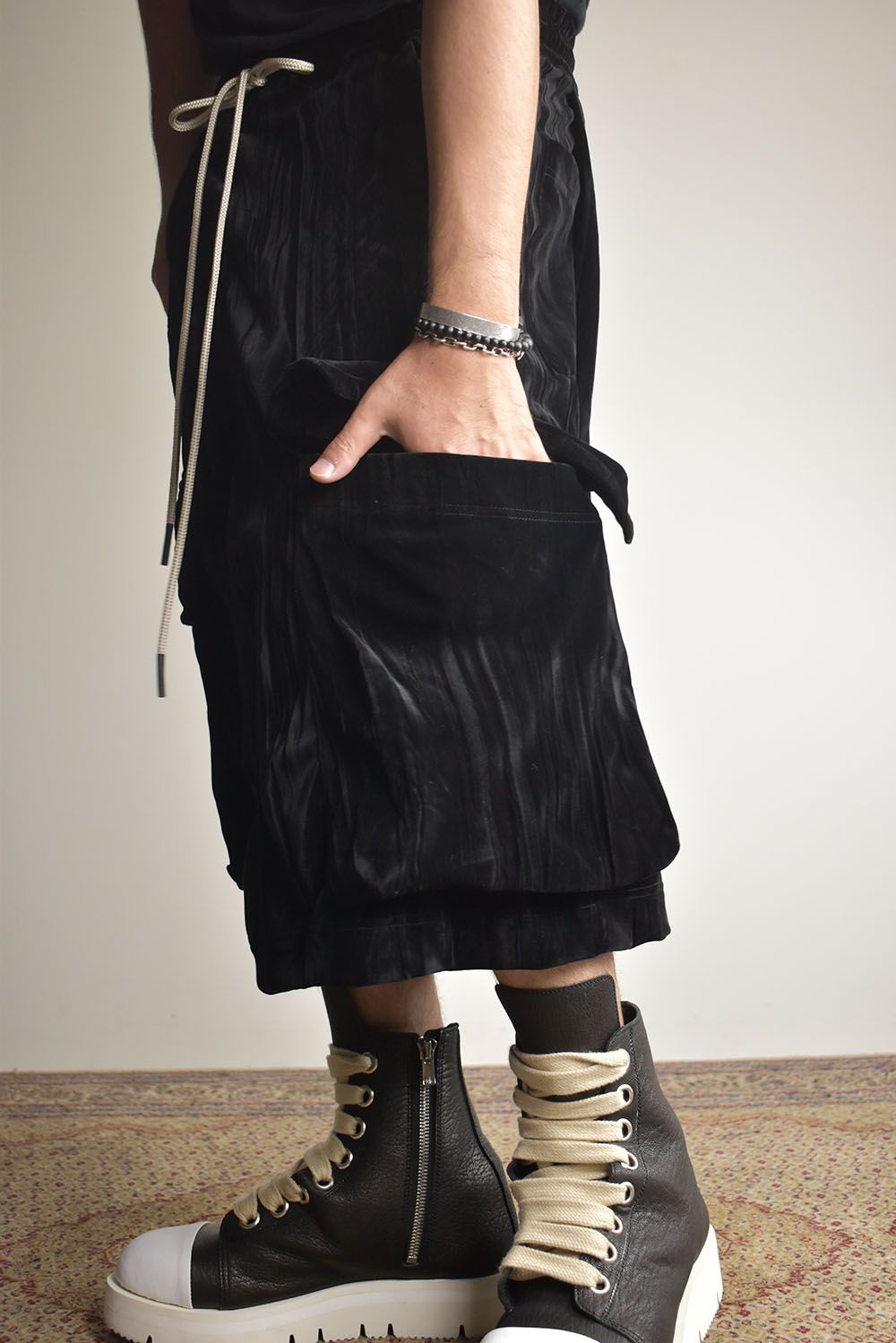 Washer Velour Wrap Skirt Pants"Black" / ワッシャーベロアラップスカートパンツ"ブラック"