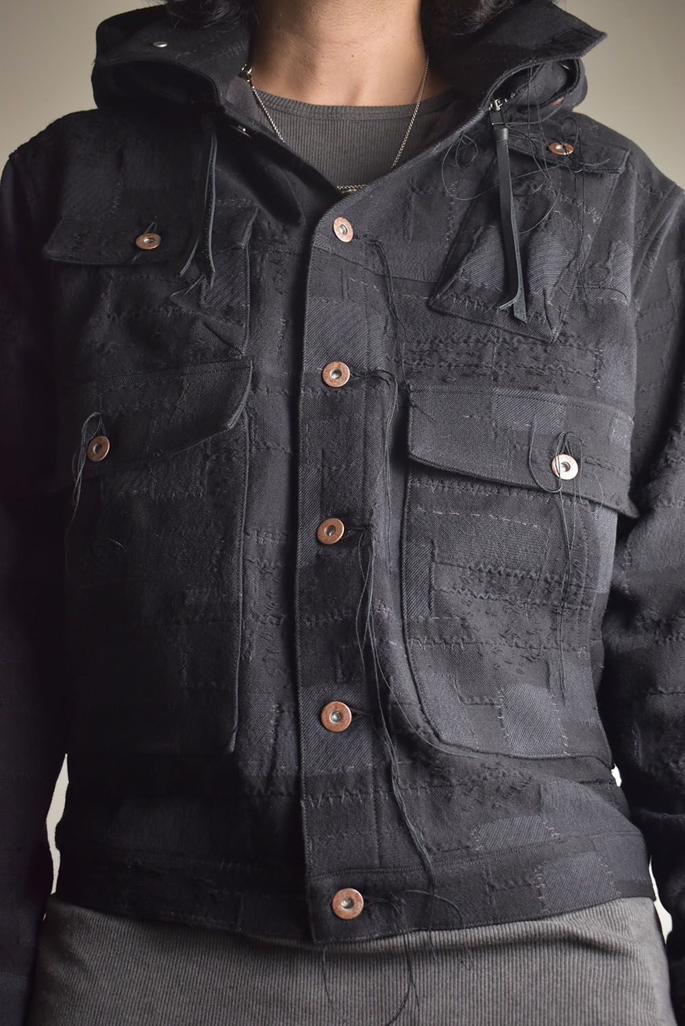 Crust Patchwork Jacquard Hood Attached Jacket "Black" / クラストパッチワークジャガードフードアタッチドジャケット"ブラック"