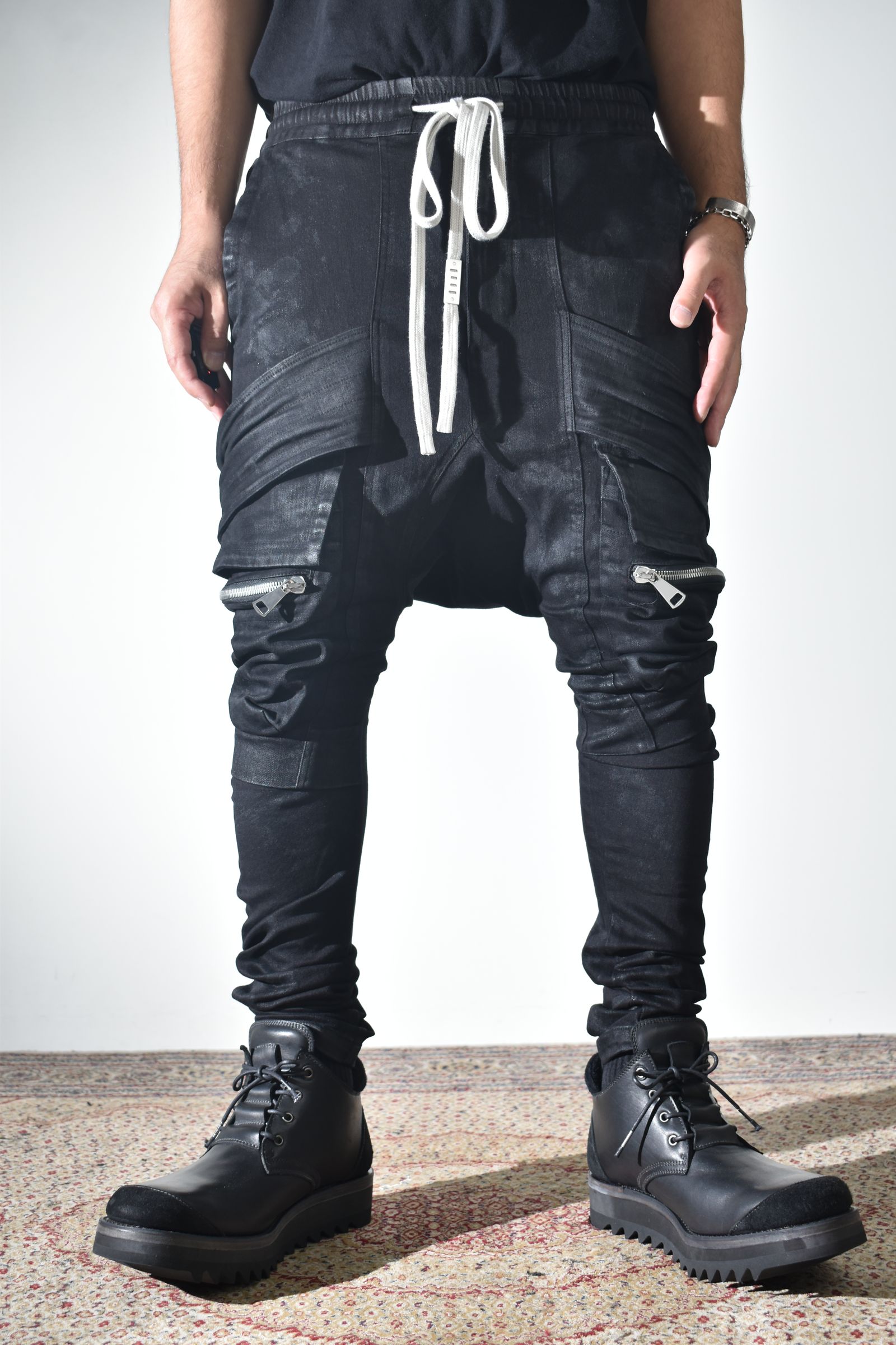 Strtch Denim Coatiing Cargo Sarouel Skinny"Black" / ストレッチデニムコーティングカーゴサルエルスキニー"ブラック"