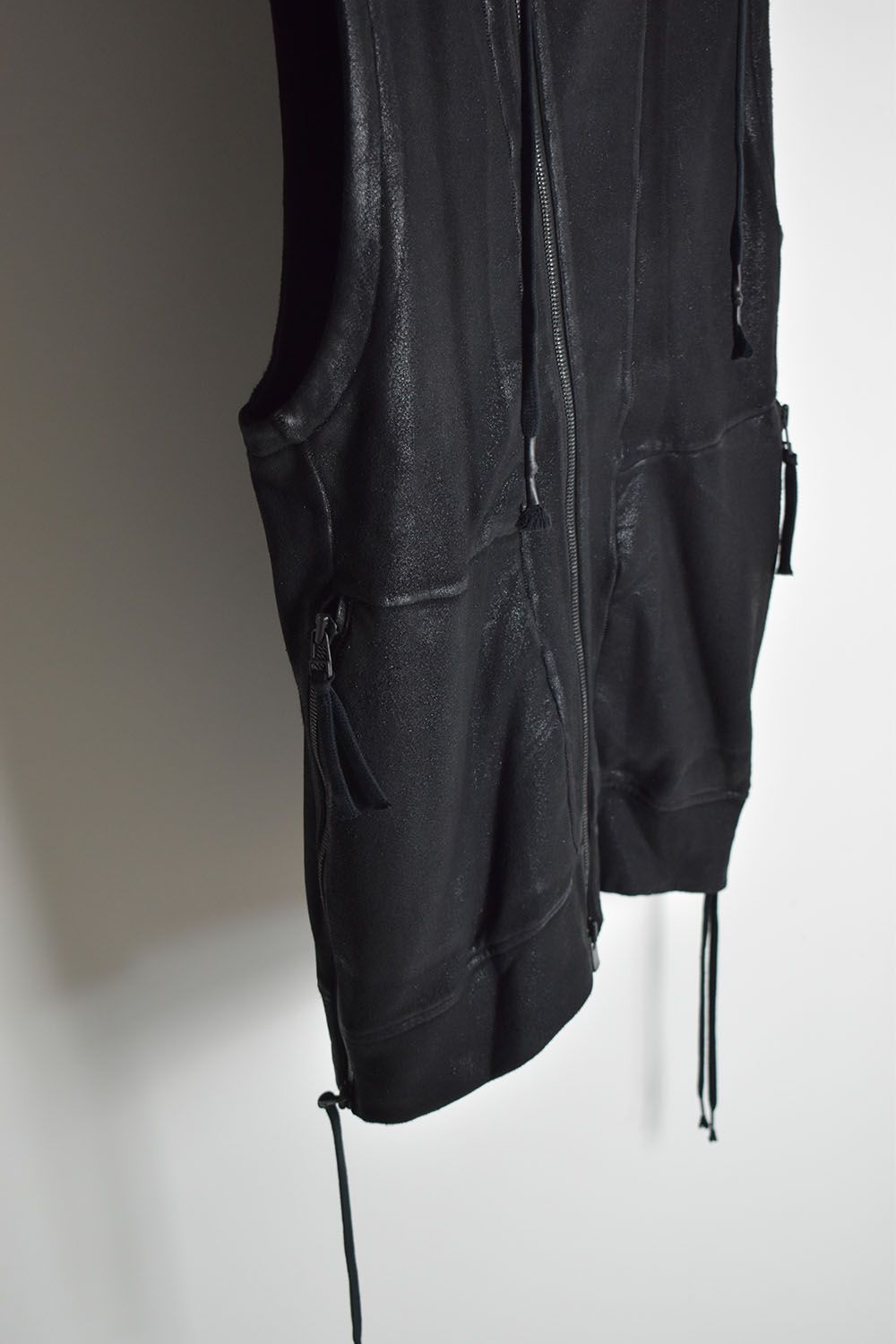 Non-ply Yarn Lined Coated Hooded Vest "Black"無撚糸裏毛コーティングフーデットベスト"ブラック"
