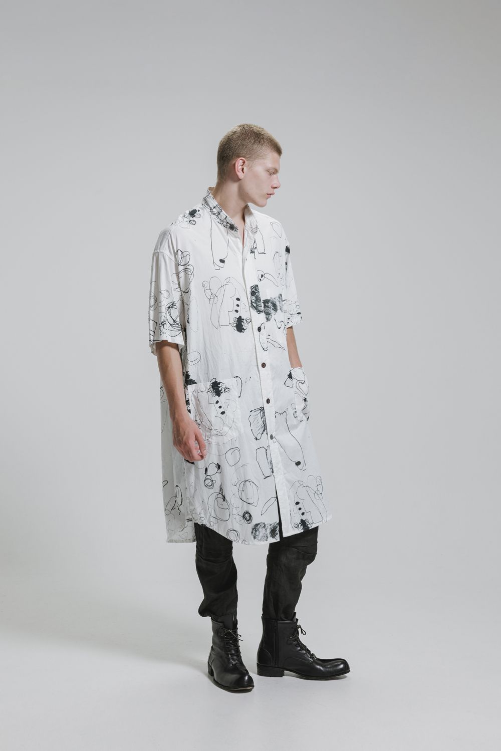 Cotton Twill Ink Jet Short-Sleeved Big Shirt&Dress"White Black" / コットンツイルインクジェット半袖ビッグシャツ / ワンピース"ホワイト ブラック"