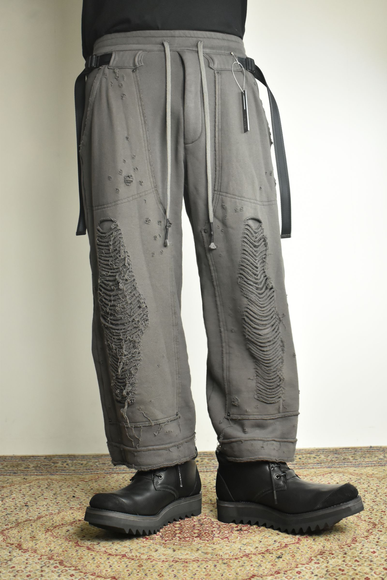 Untwisted Yarn Fleece Shotgun Wide Cropped Pants"Charcoal" / 無撚糸裏毛ショットガンワイドクロップドパンツ"チャコール"