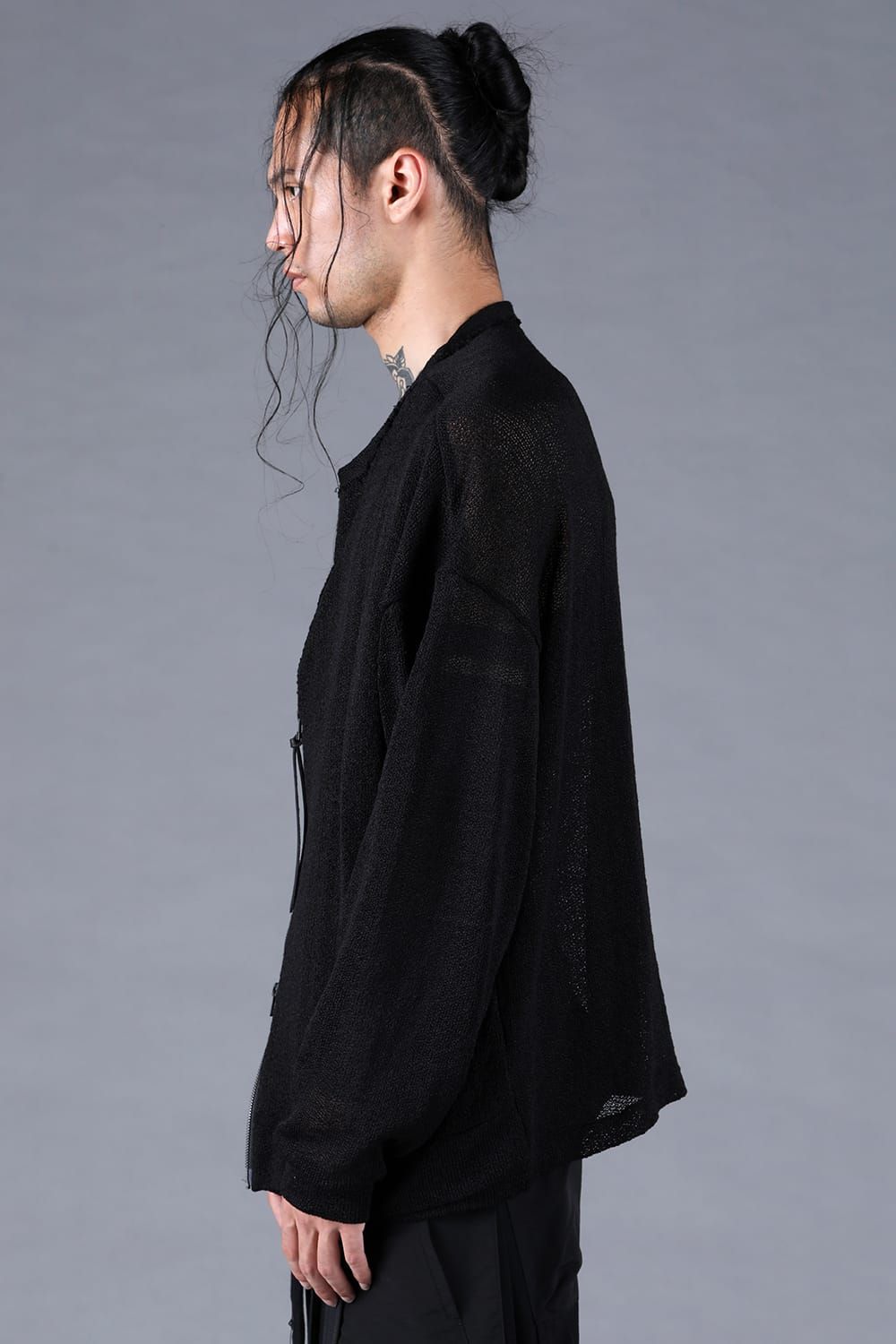 Cotton Low Gauge Knit Cardigan Layered Pullover"Black" / コットンローゲージニットカーディガンレイヤードプルオーバー"ブラック"