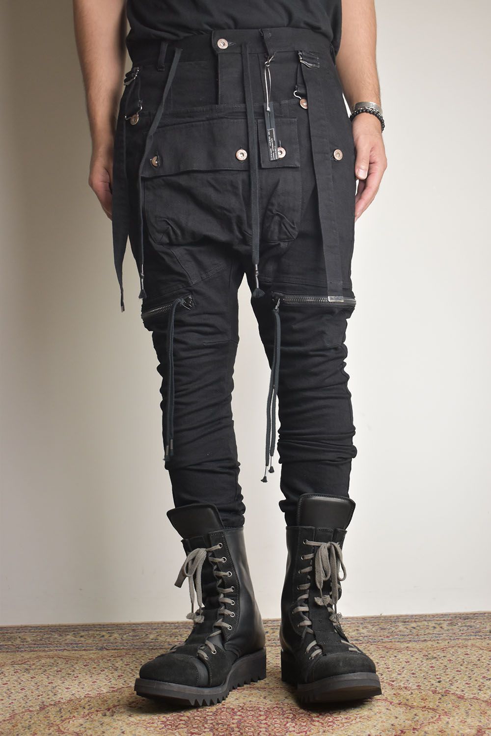 Stretch Denim Salopette Pocket Cargo Jogger Pants "Black" / ストレッチデニムサロペットポケットカーゴジョグパンツ"ブラック"