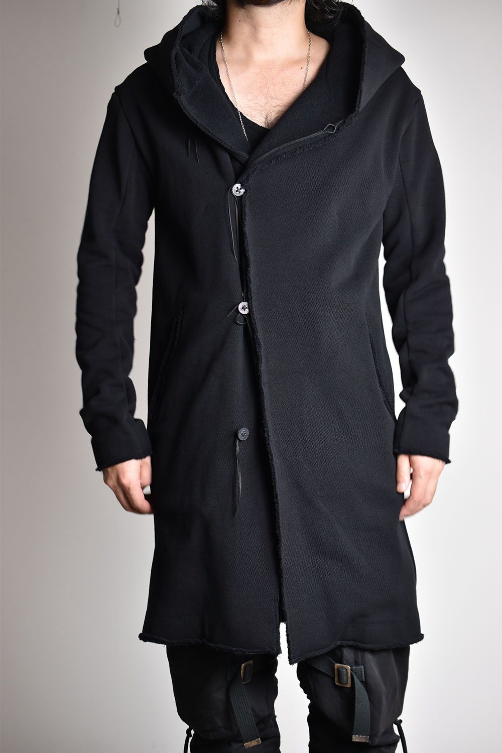 Cashmere×Wool×Cotton Hooded Long Coat"Black"/カシミヤ×ウール×コットン鹿の子裏毛フーデットロングコート"Black"