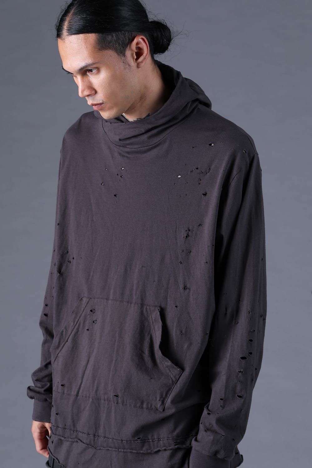 《2027SS先行予約分》Soft Cotton Jersey Shotgun-Damage Hoodie"Charcoal" / ソフトコットンジャージショットガンダメージフーディー"チャコール"