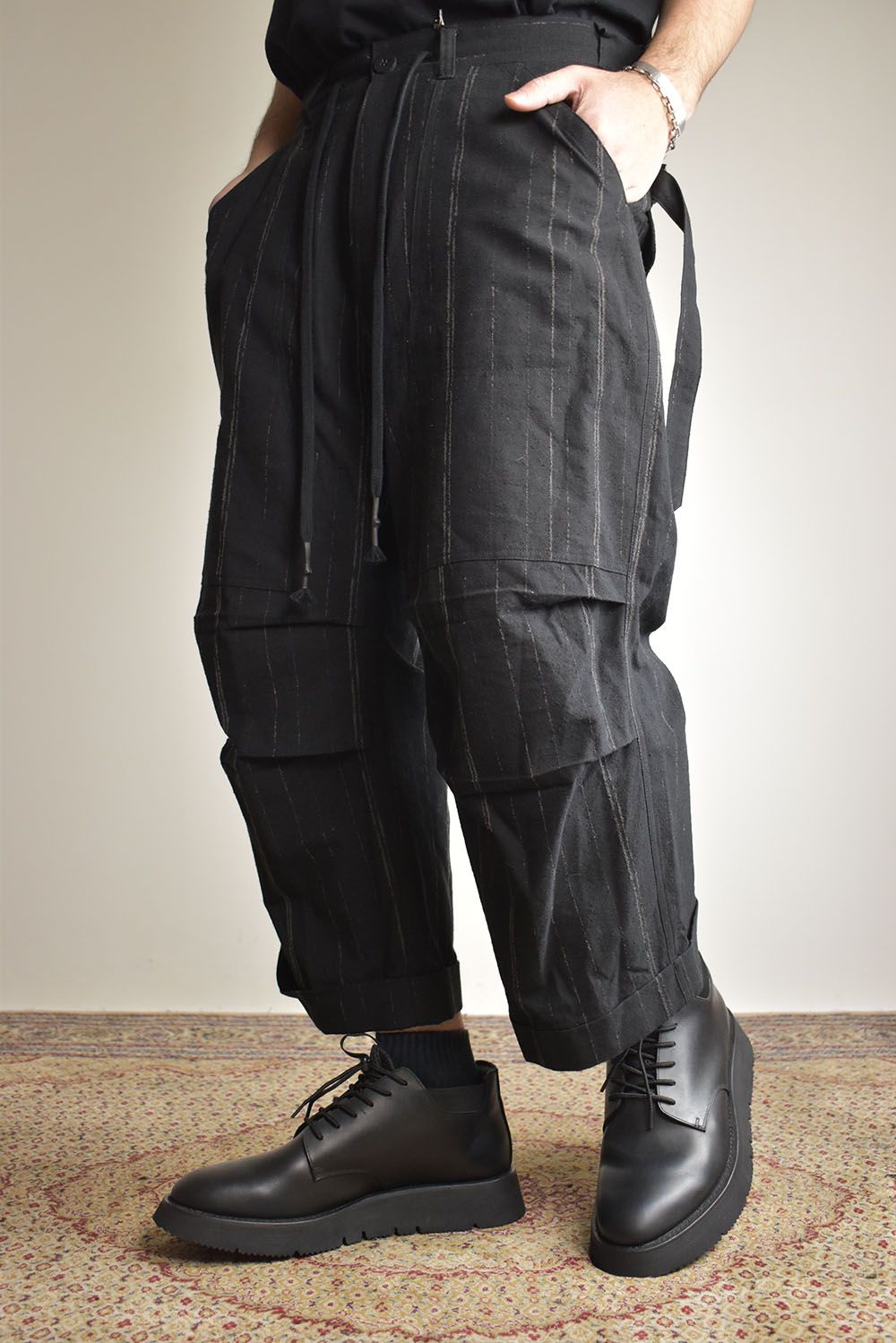 Faded Random Stripe Wide Cropped Pants"Black" / フェードランダムストライプワイドクロップドパンツ"ブラック"