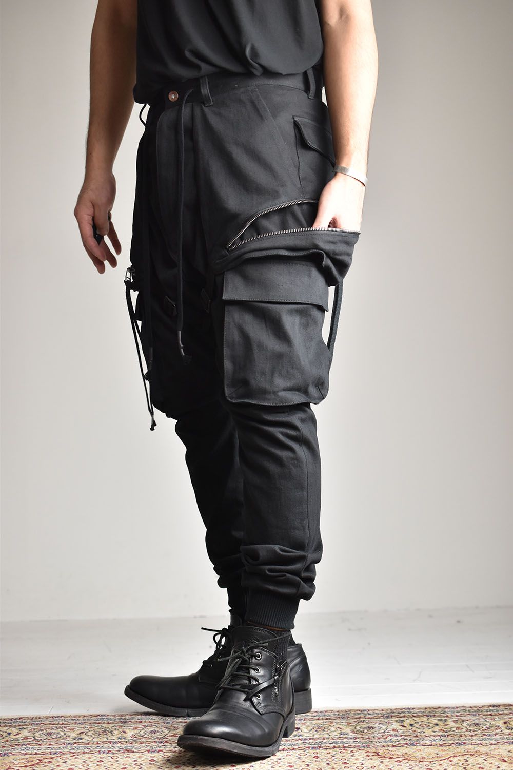 Super Stretch Cotton Denim Hanging Pocket Cargo Jog Pants"Black"/スーパーストレッチコットンデニムハンギングポケットカーゴジョグパンツ"ブラック"