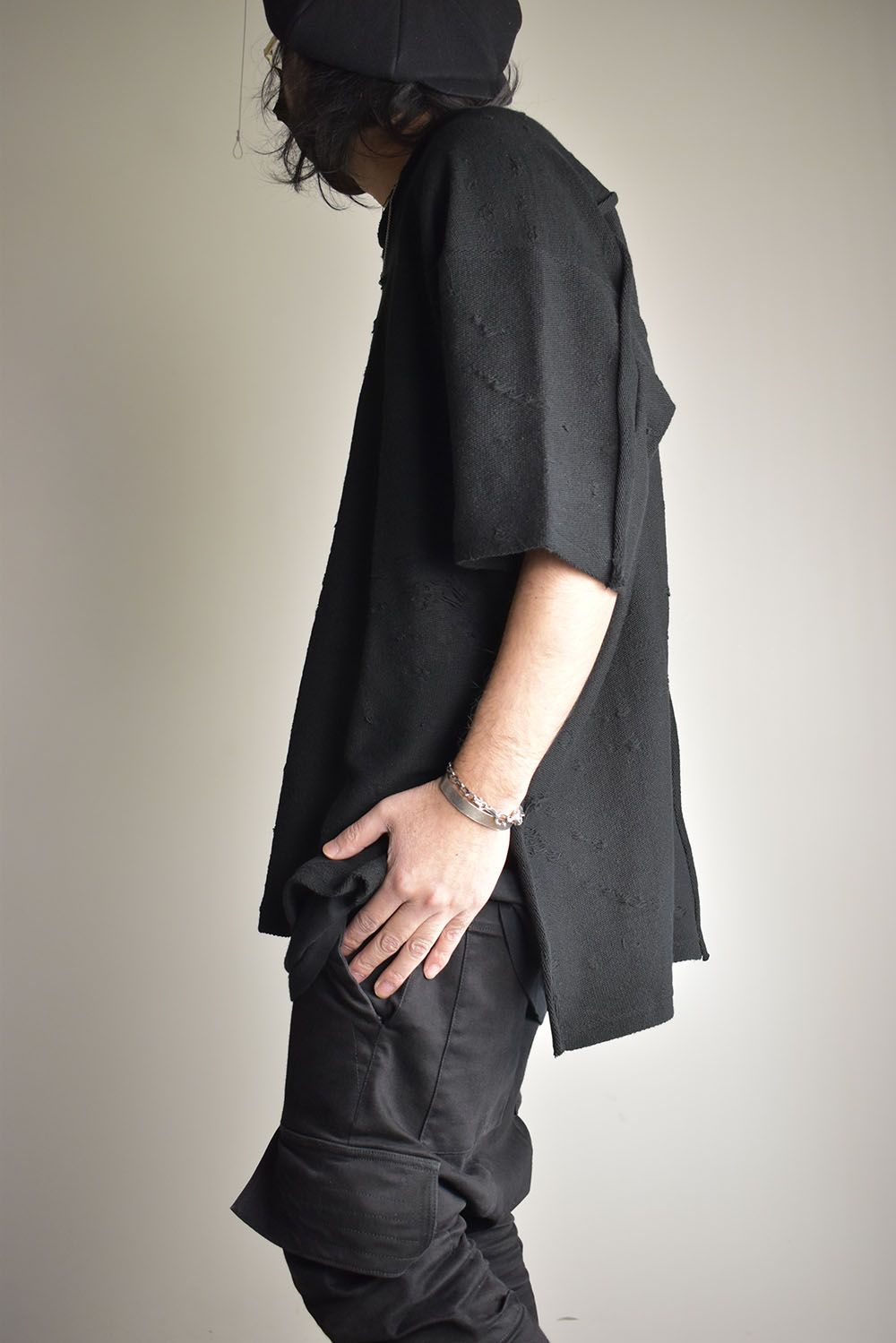 Cotton Damege Jaquard Over Sized Short Sleeve Tee"Black"/コットンダメージジャガードオーバーサイズショートスリーブTee"ブラック"