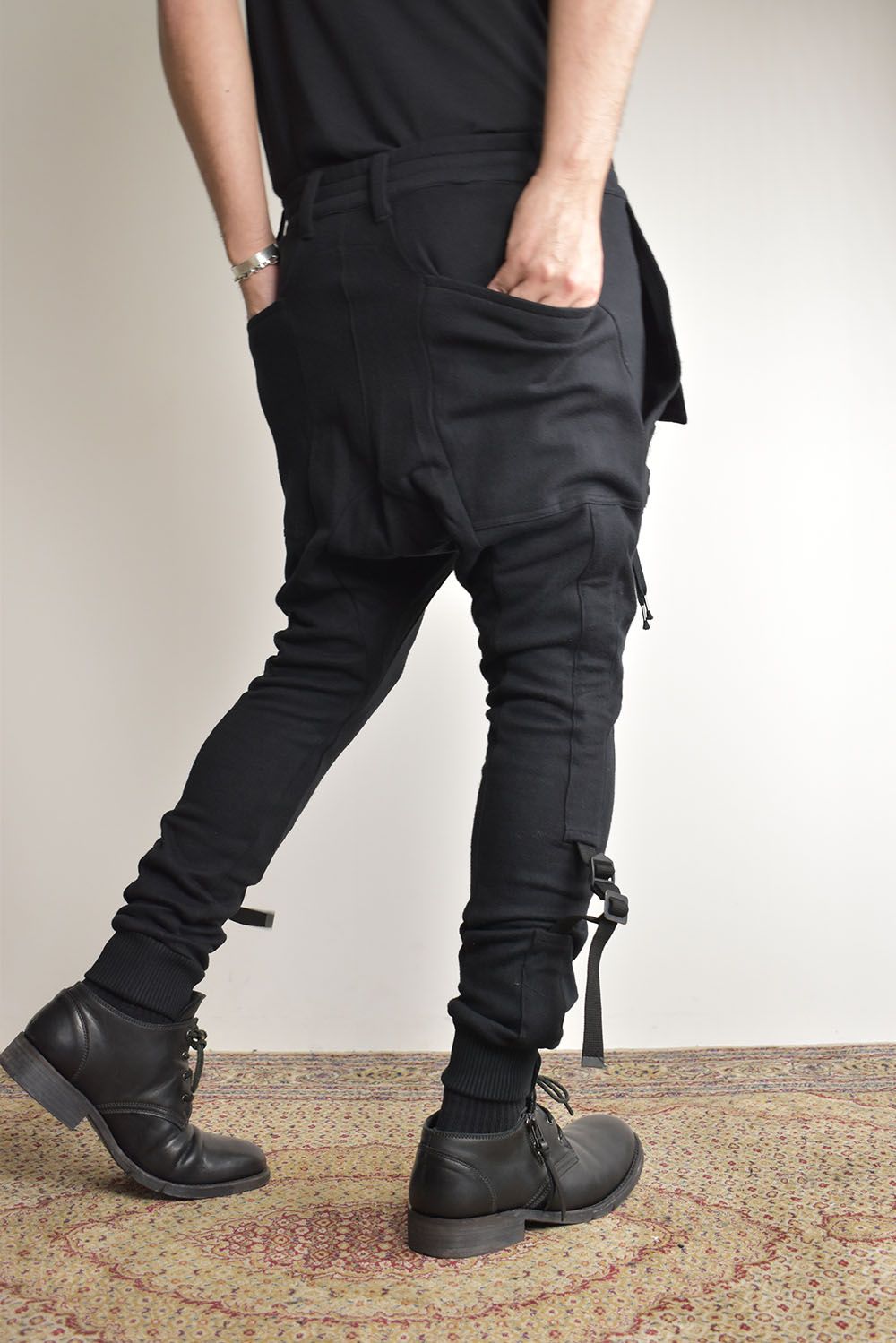 Non-ply Yarn Lined Belt Adjustable Crotch Jog Pants "Black" / 無撚糸裏毛ベルトアジャストロークロッチジョグパンツ"ブラック"