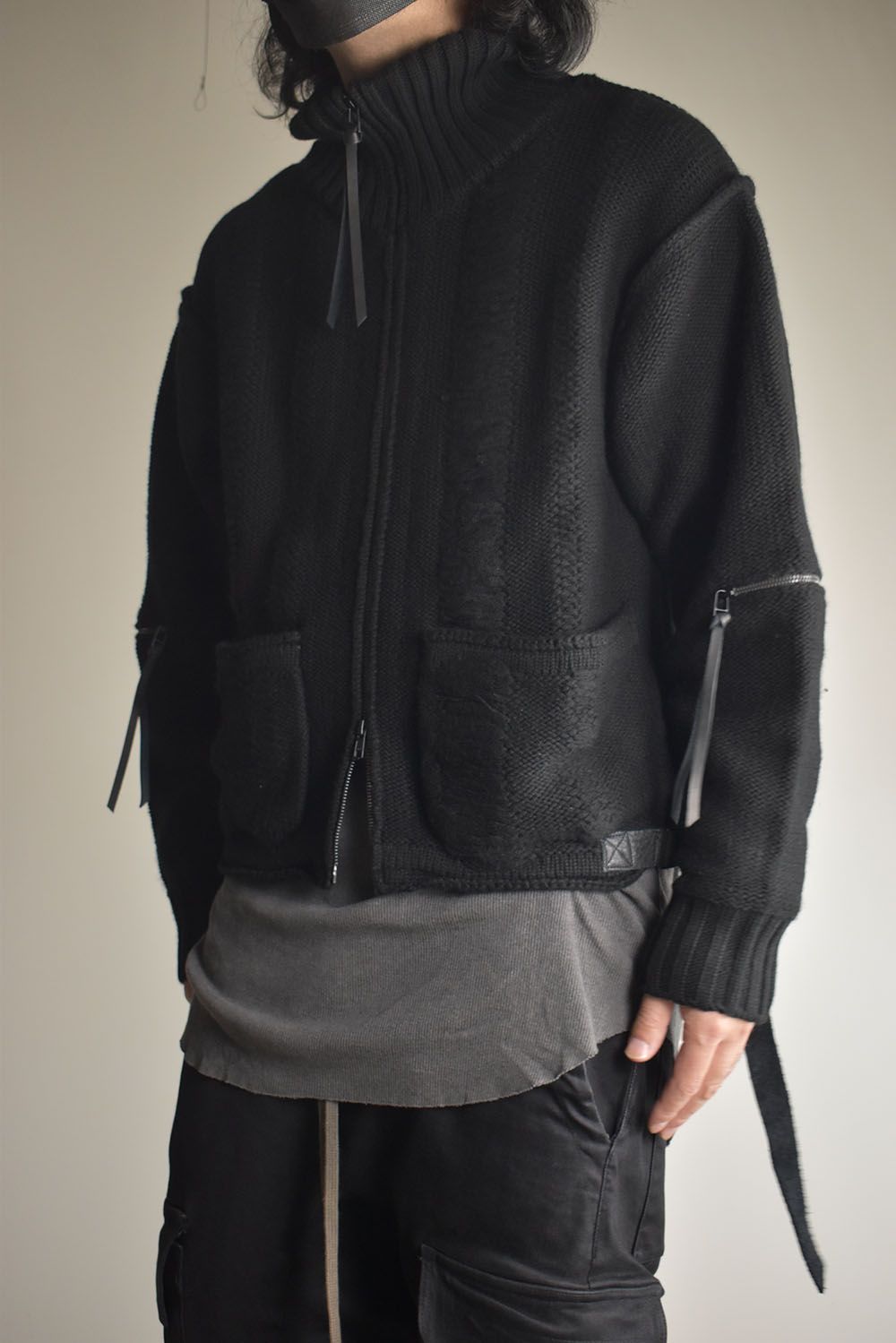 Damage Stripe Knit Cropped Jacket "Black" / ダメージストライプニットクロップドジャケット"ブラック"