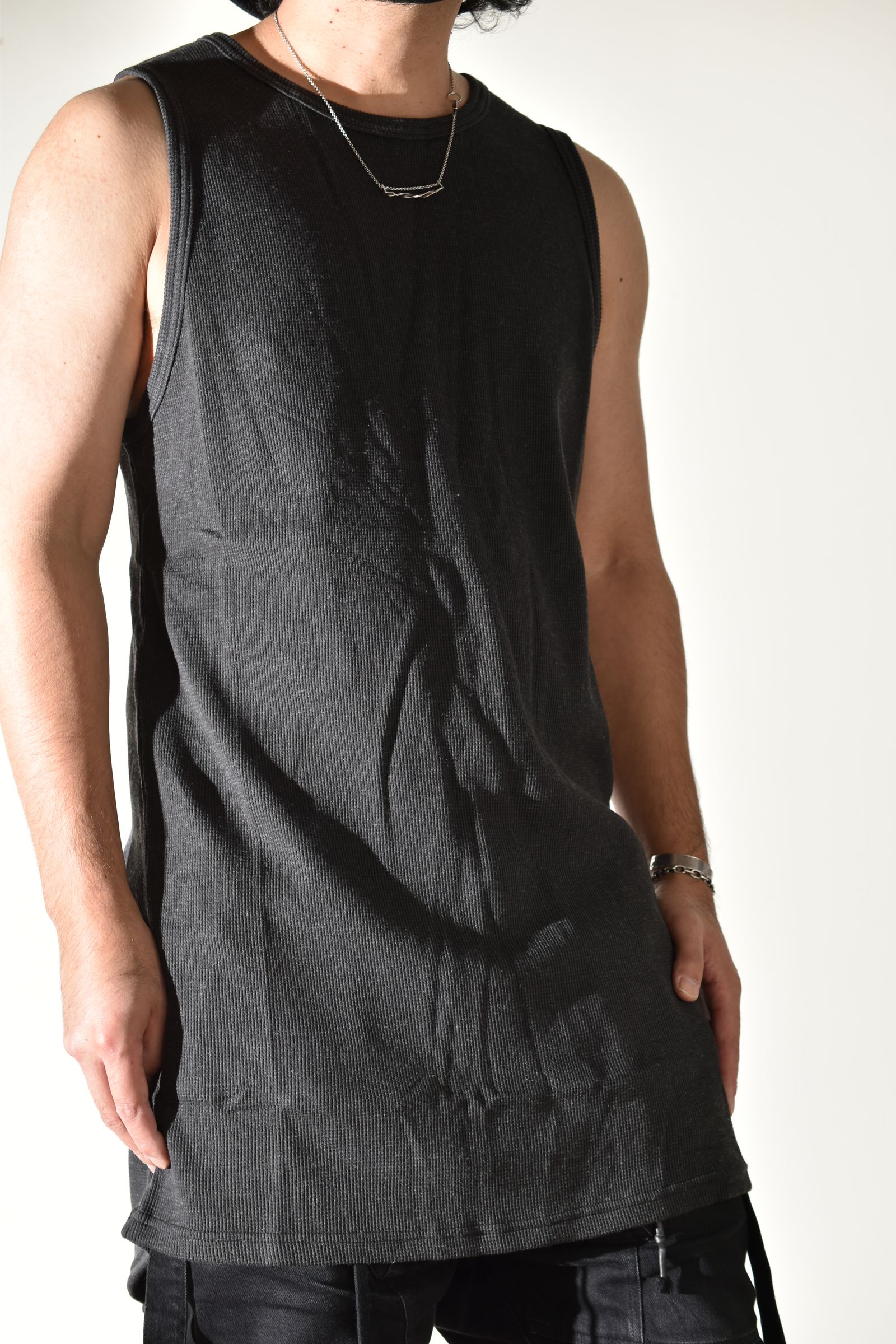 Back Printed Waffle Jersey Long Tank Top"D.Grey" バックプリントワッフルジャージーロングタンクトップ"ダークグレー"
