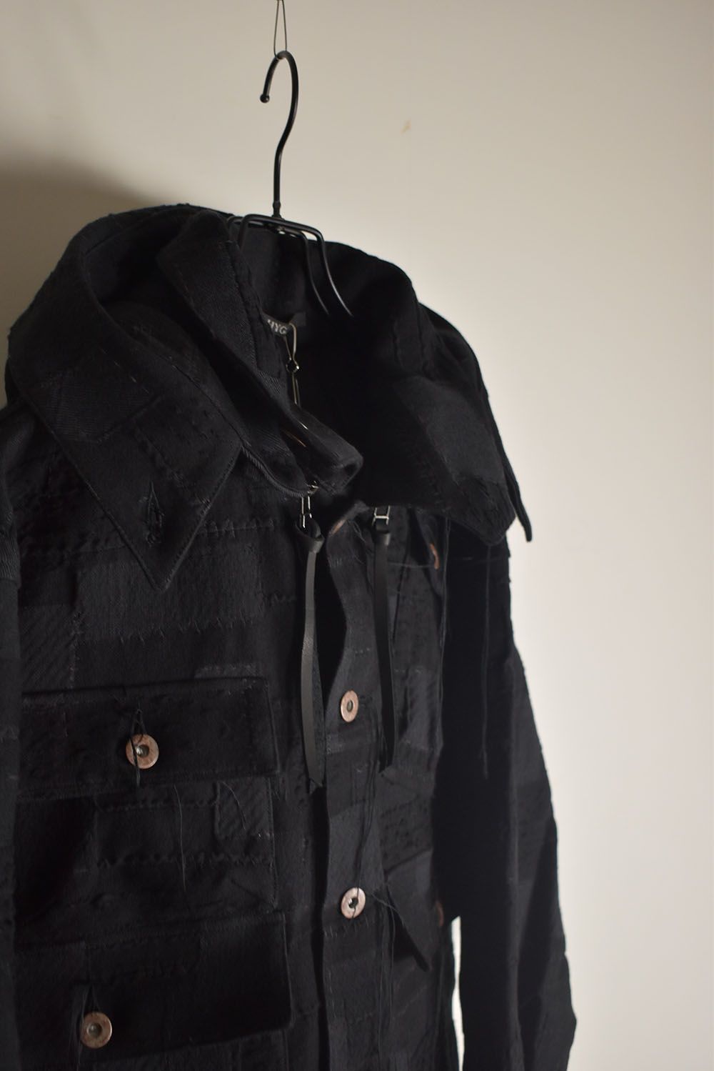 Crust Patchwork Jacquard Hood Attached Jacket "Black" / クラストパッチワークジャガードフードアタッチドジャケット"ブラック"