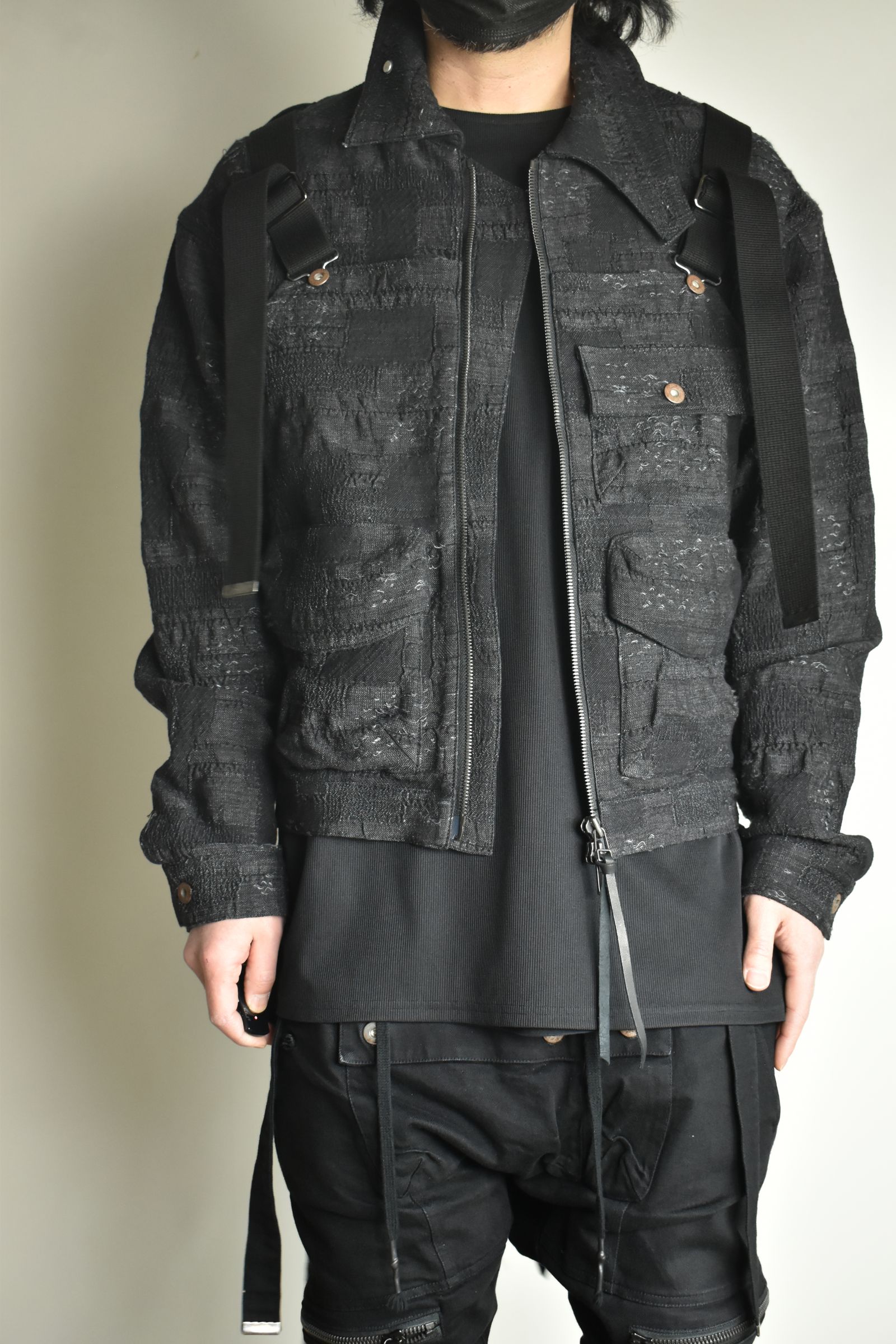 Crust Jacquard Salopette Layered Jacket"Black" / クラストジャガードサロペットレイヤードジャケット"ブラック"