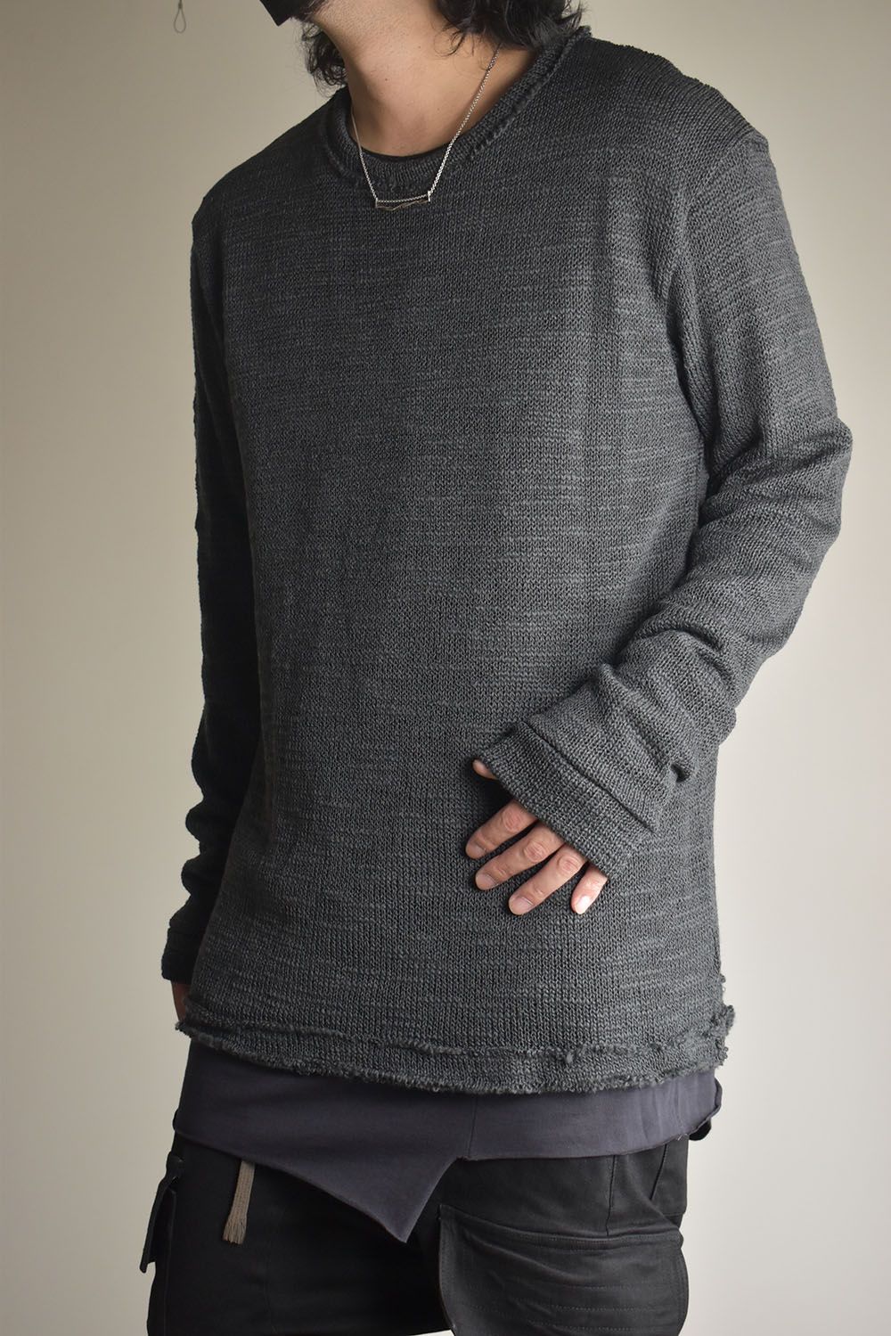 Low-Gauge knit × Cotton Jersey Layered Tee "Charcoal" / ローゲージニット×コットンジャージレイヤードTシャツ"チャコール"